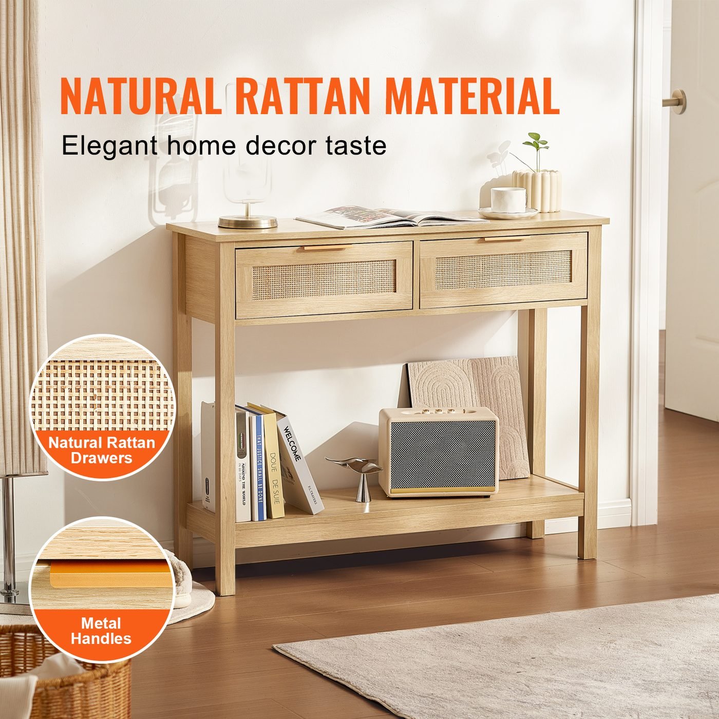 Rattan Console Table with 2 Storage Drawers