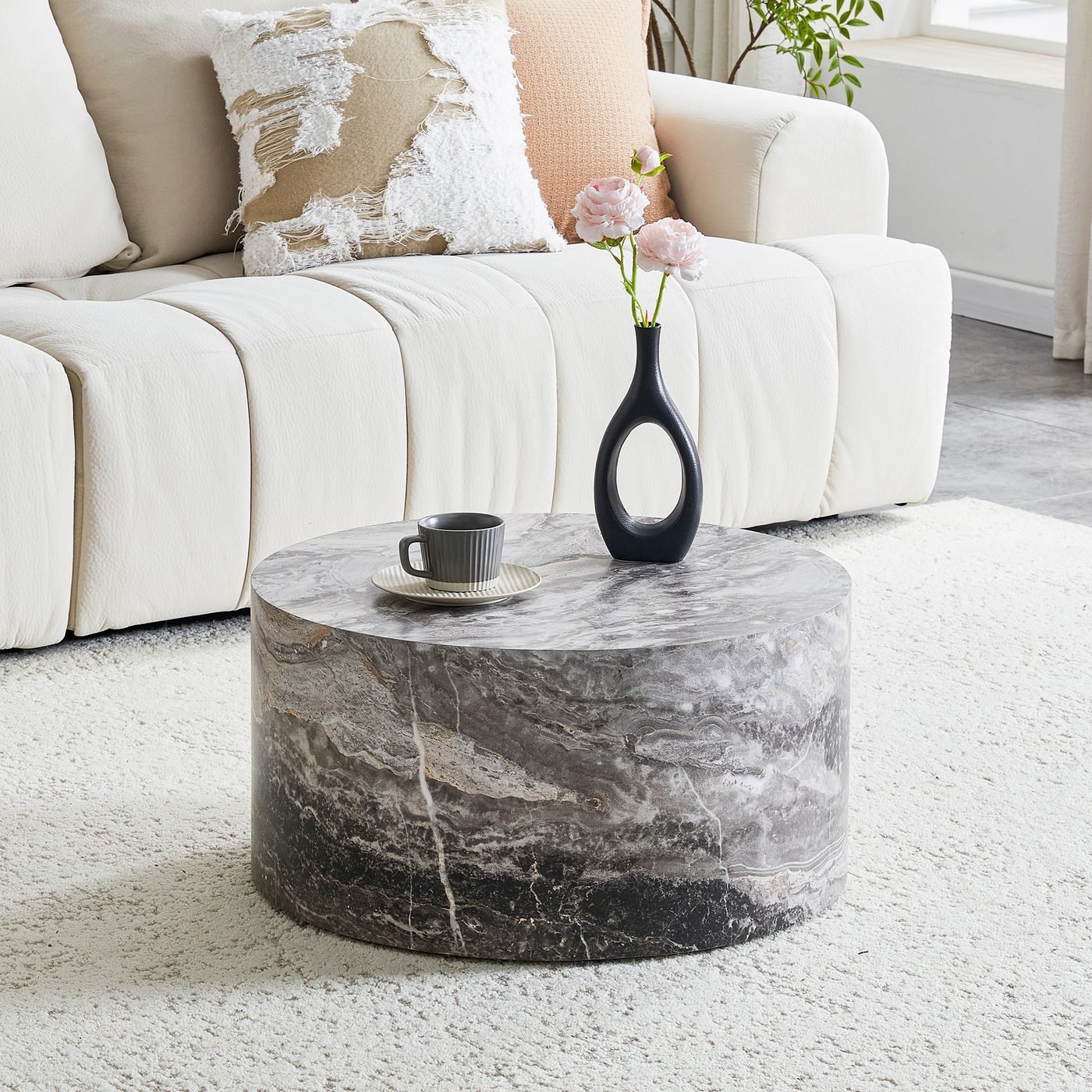 Simple Grey Marble Round MDF Coffee Table: 23.6" Diameter ×
