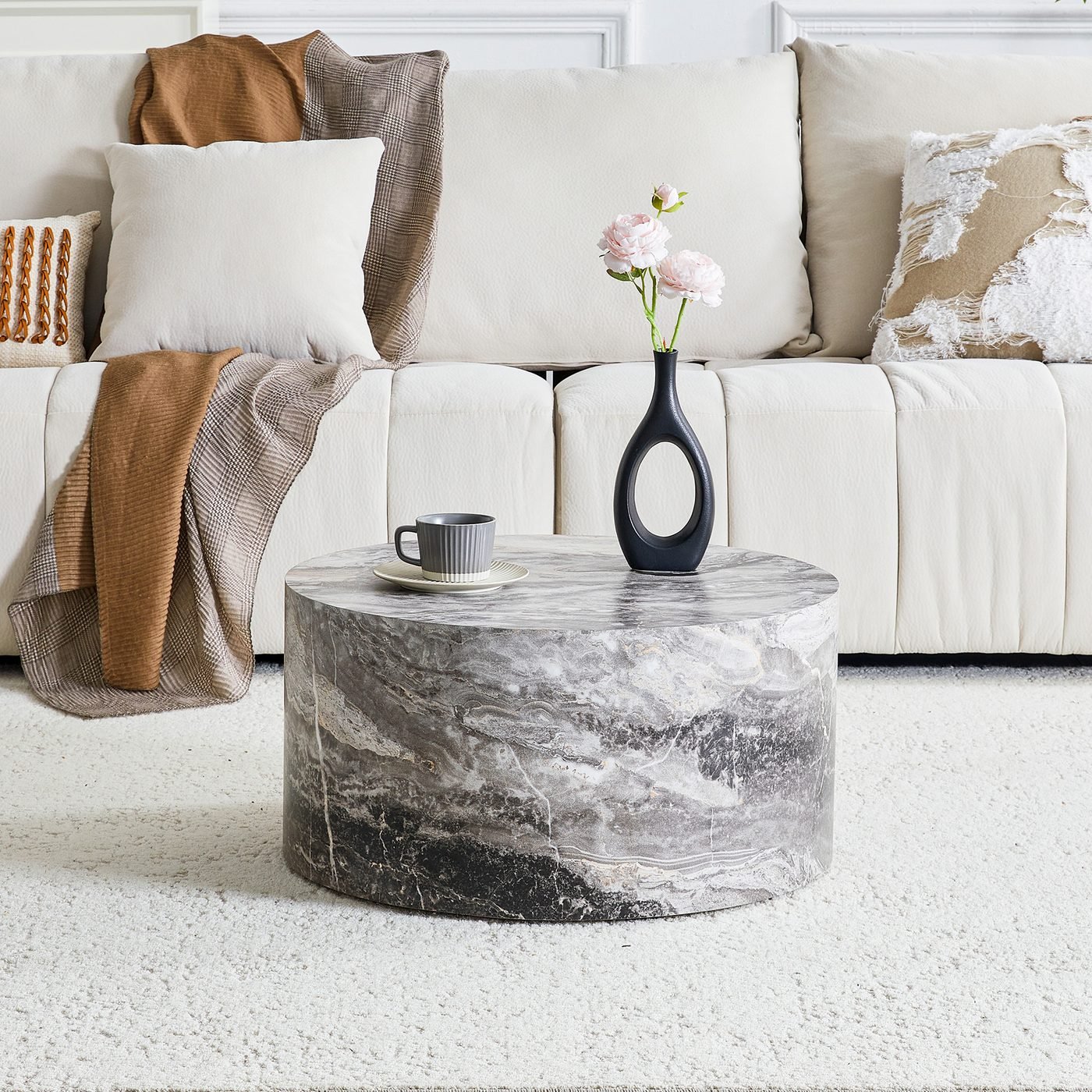 Simple Grey Marble Round MDF Coffee Table: 23.6" Diameter ×