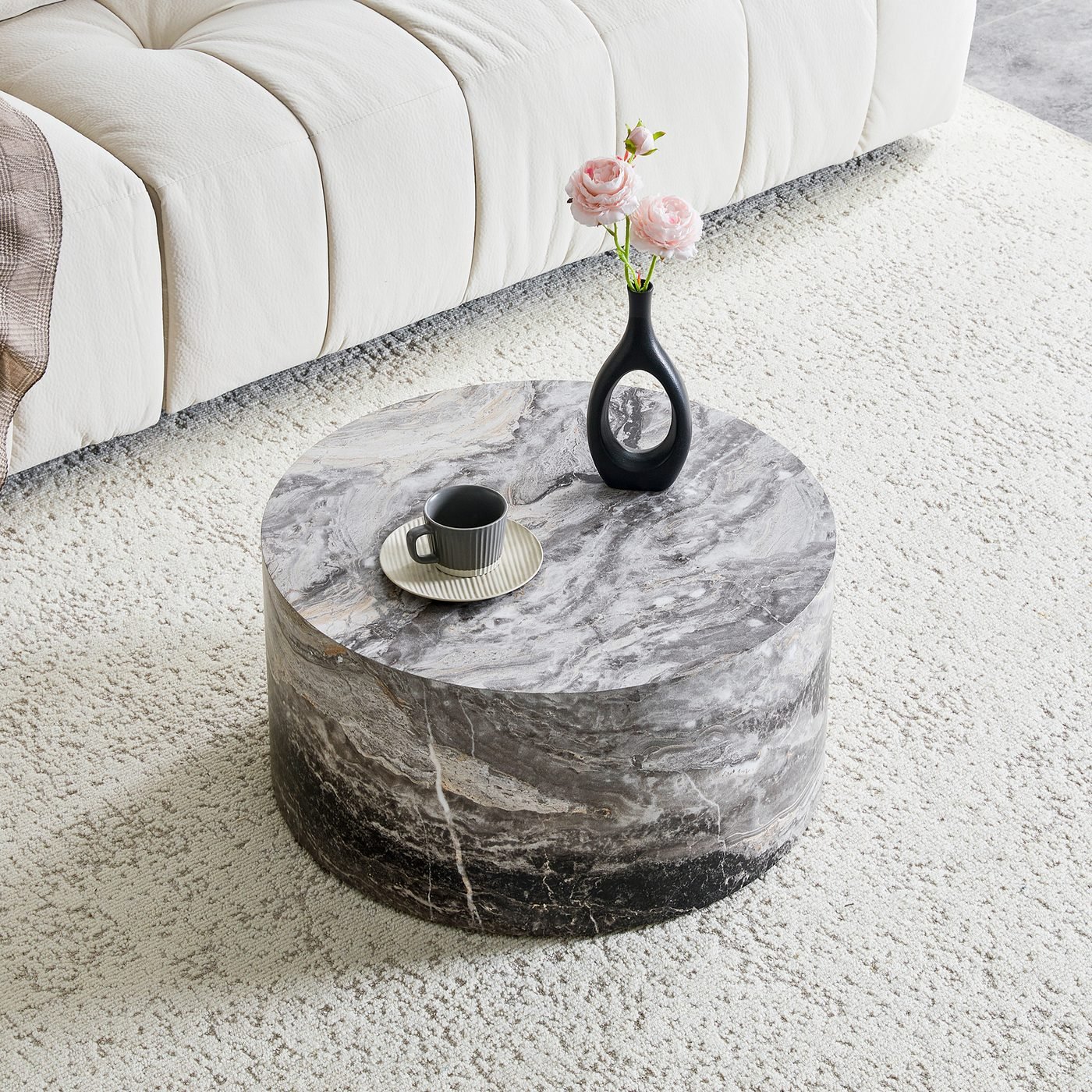 Simple Grey Marble Round MDF Coffee Table: 23.6" Diameter ×