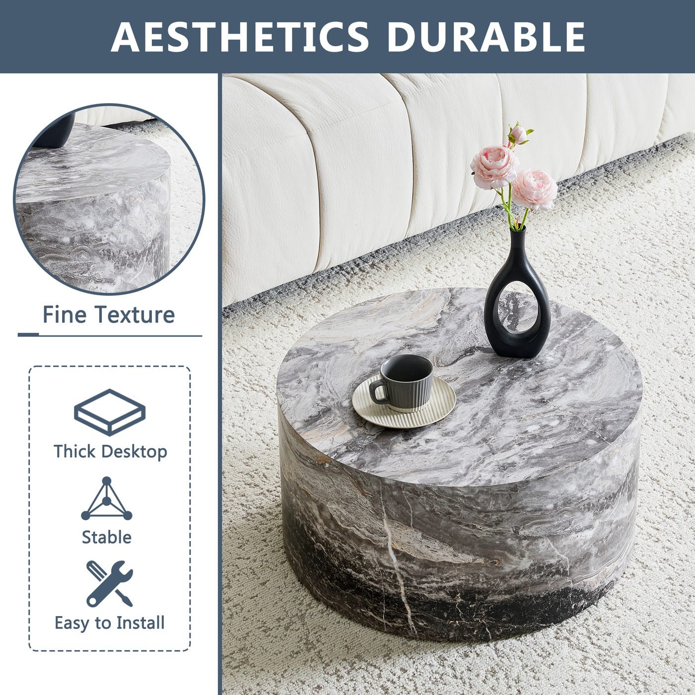 Simple Grey Marble Round MDF Coffee Table: 23.6" Diameter ×