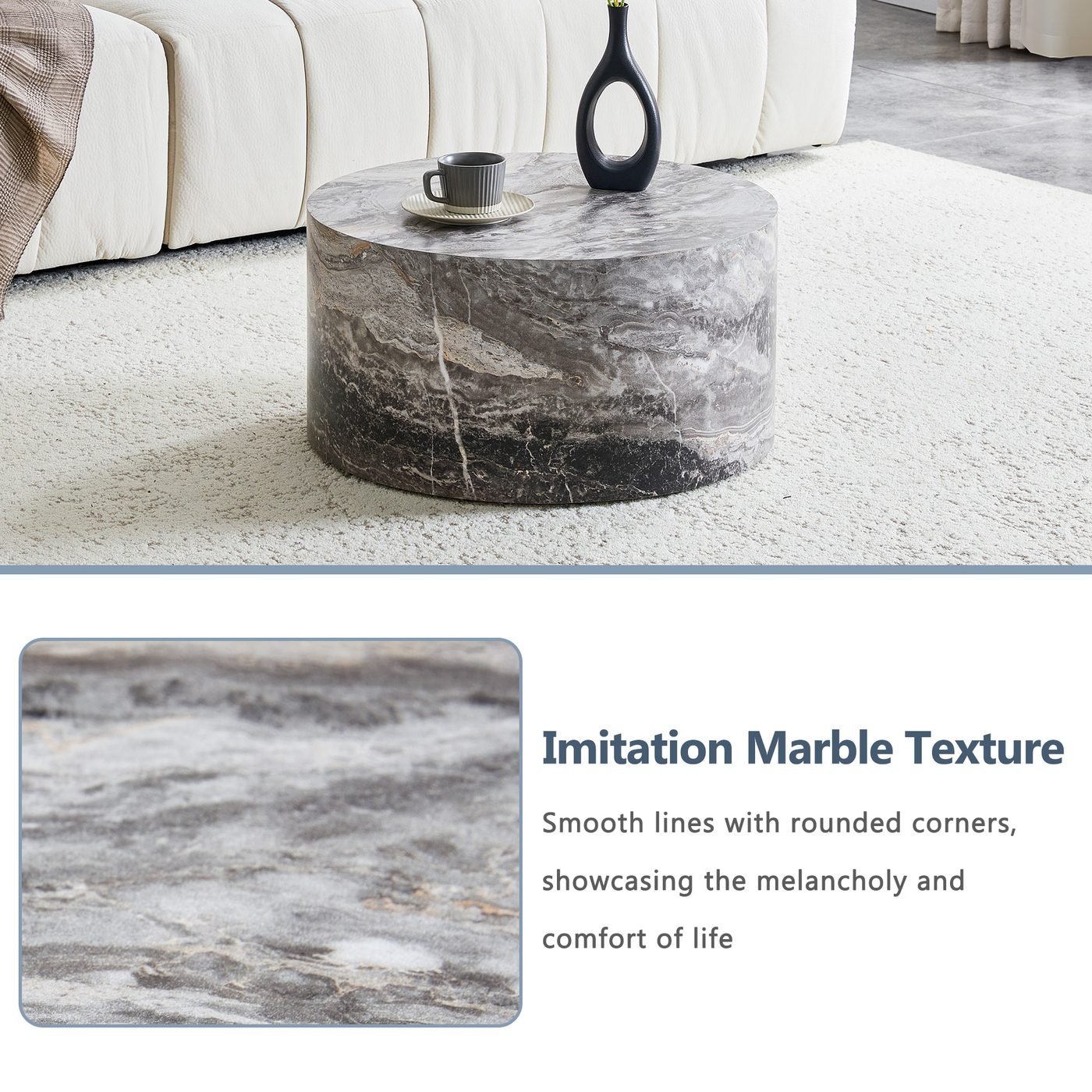Simple Grey Marble Round MDF Coffee Table: 23.6" Diameter ×