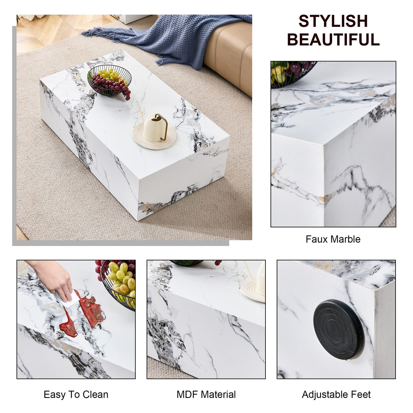 White Marble Pattern MDF Coffee Table - Luxurious Design
