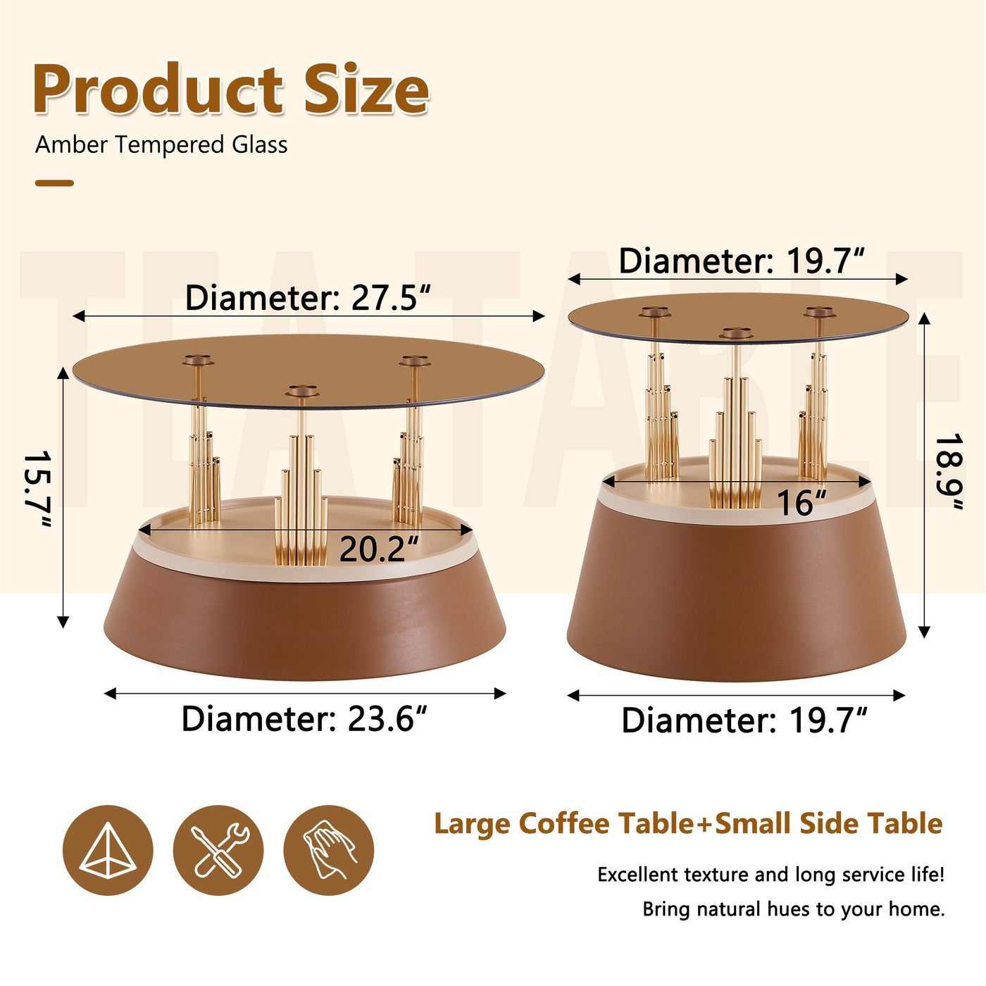 Luxury-inspired brown and gold nesting coffee table set.