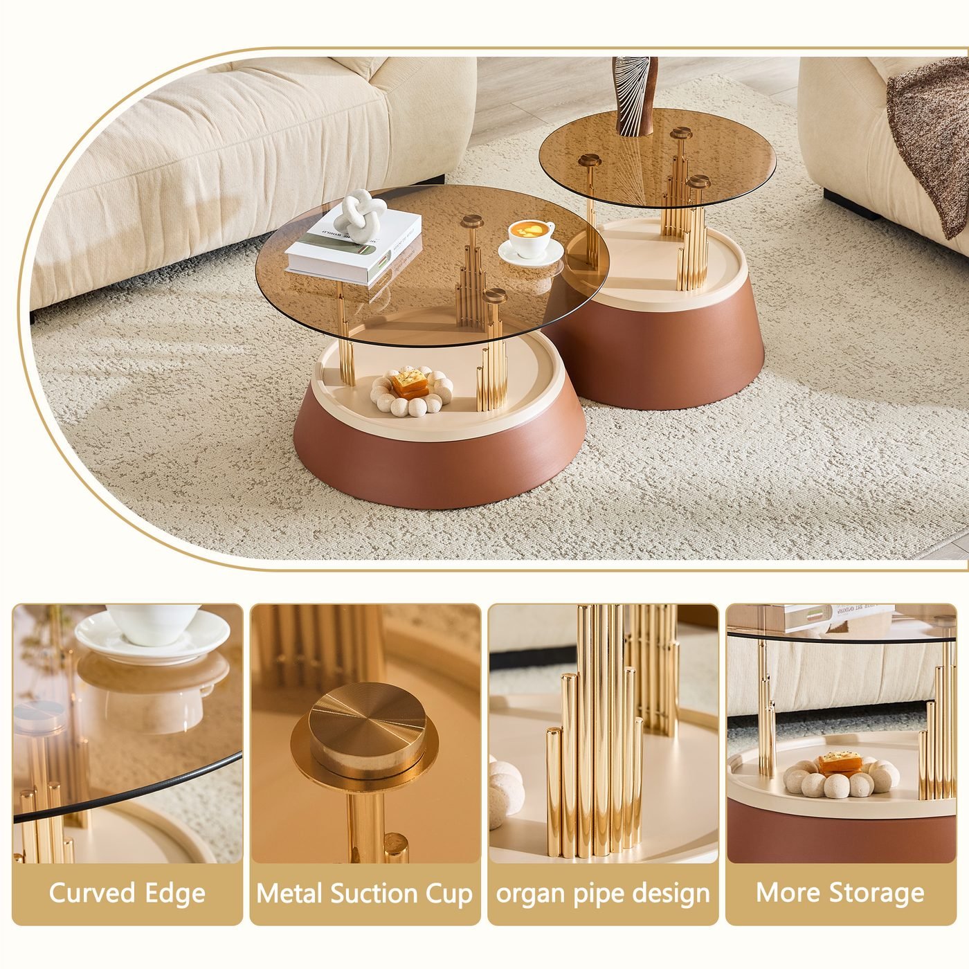 Luxury-inspired brown and gold nesting coffee table set.