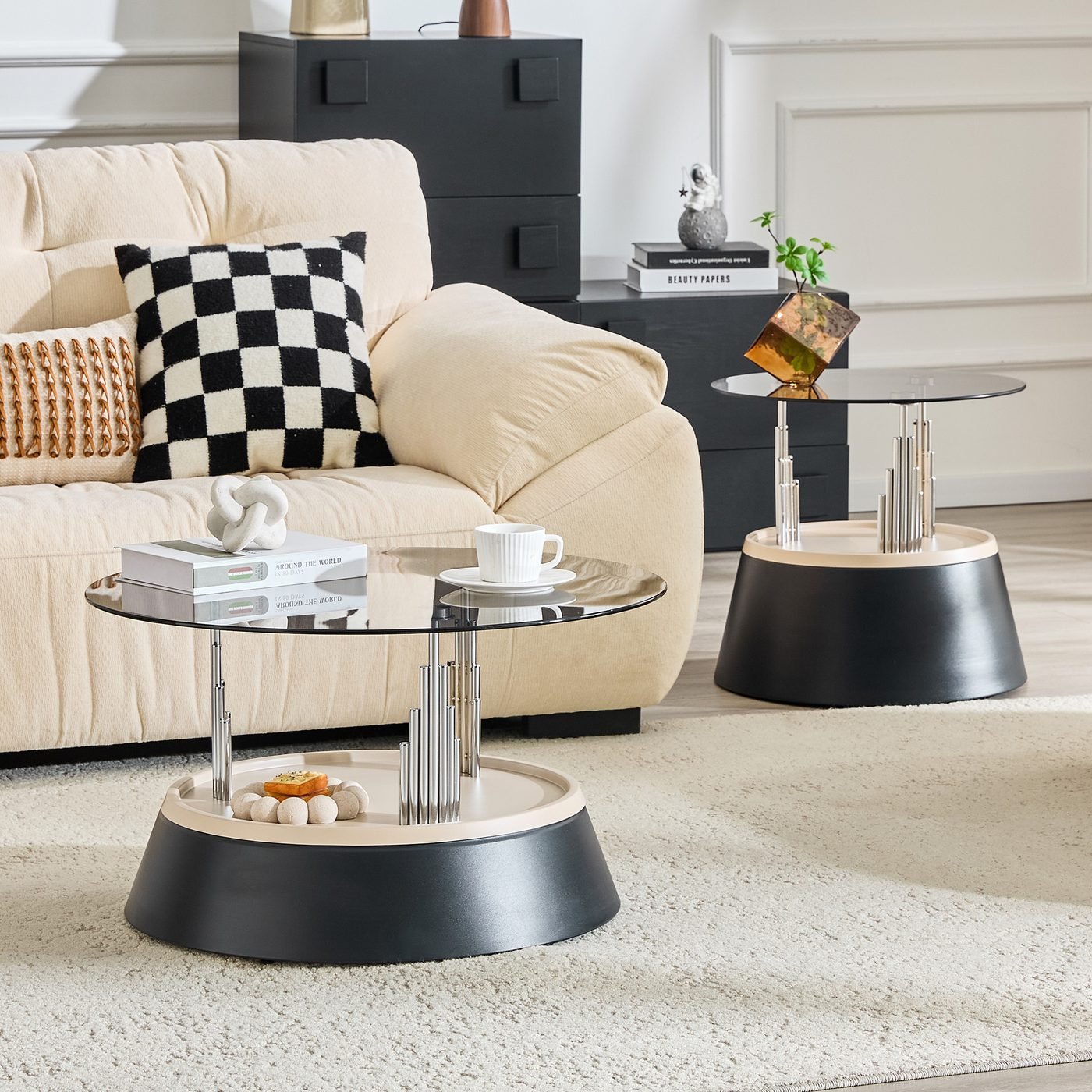 Affordable luxury black nesting coffee table set.