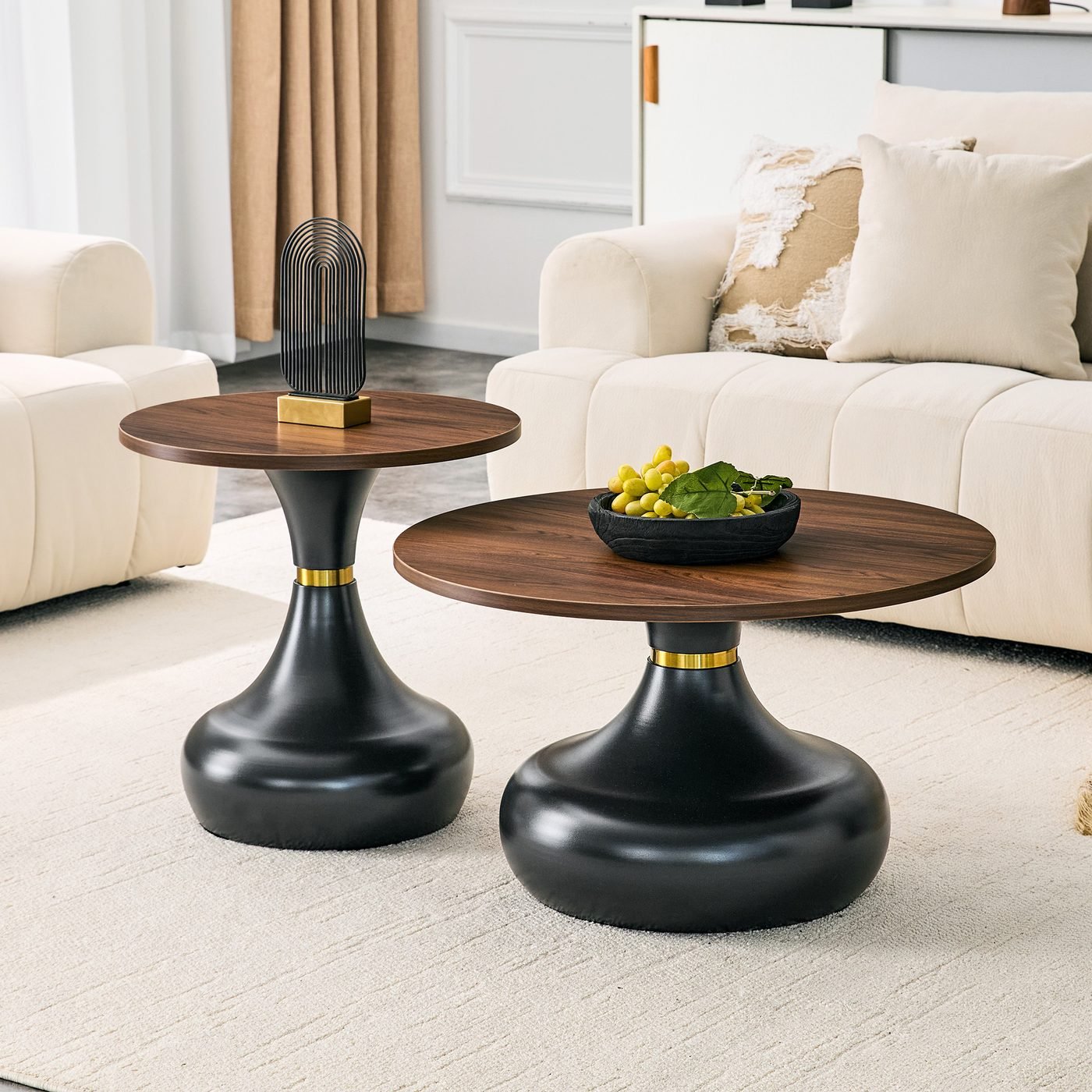 Affordable luxury gourd-shaped nesting coffee table set.