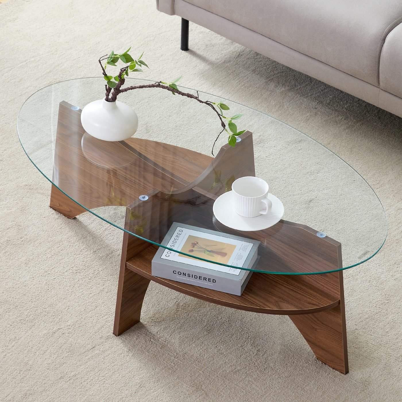 Oval Tempered Glass Coffee Table - 41.3"x23.6"