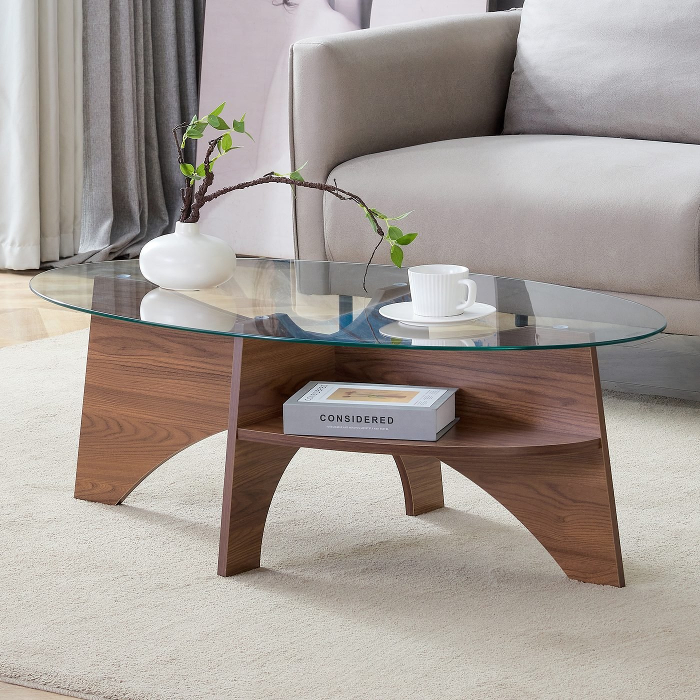 Oval Tempered Glass Coffee Table - 41.3"x23.6"