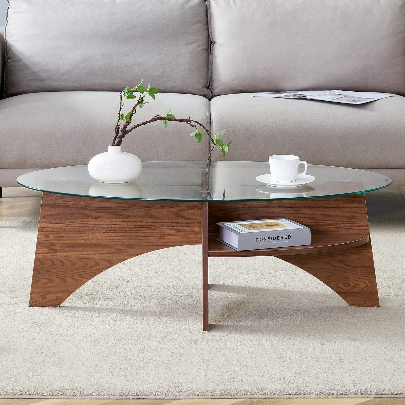 Oval Tempered Glass Coffee Table - 41.3"x23.6"
