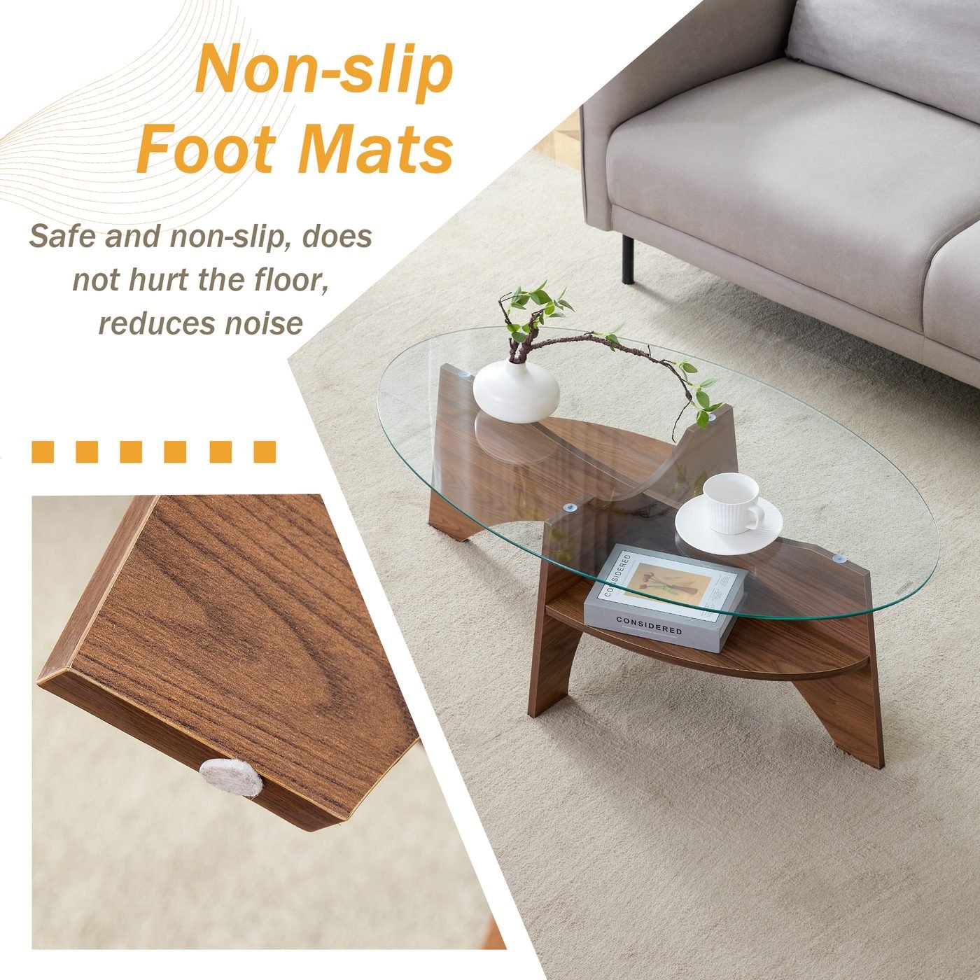 Oval Tempered Glass Coffee Table - 41.3"x23.6"