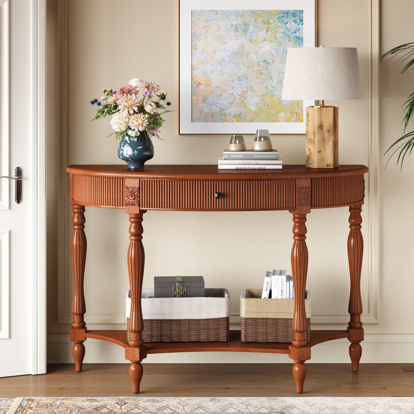 Solid Wood Half Moon Console Table with Drawer & Shelf