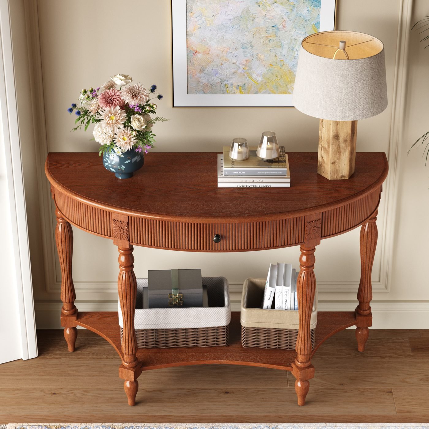 Solid Wood Half Moon Console Table with Drawer & Shelf