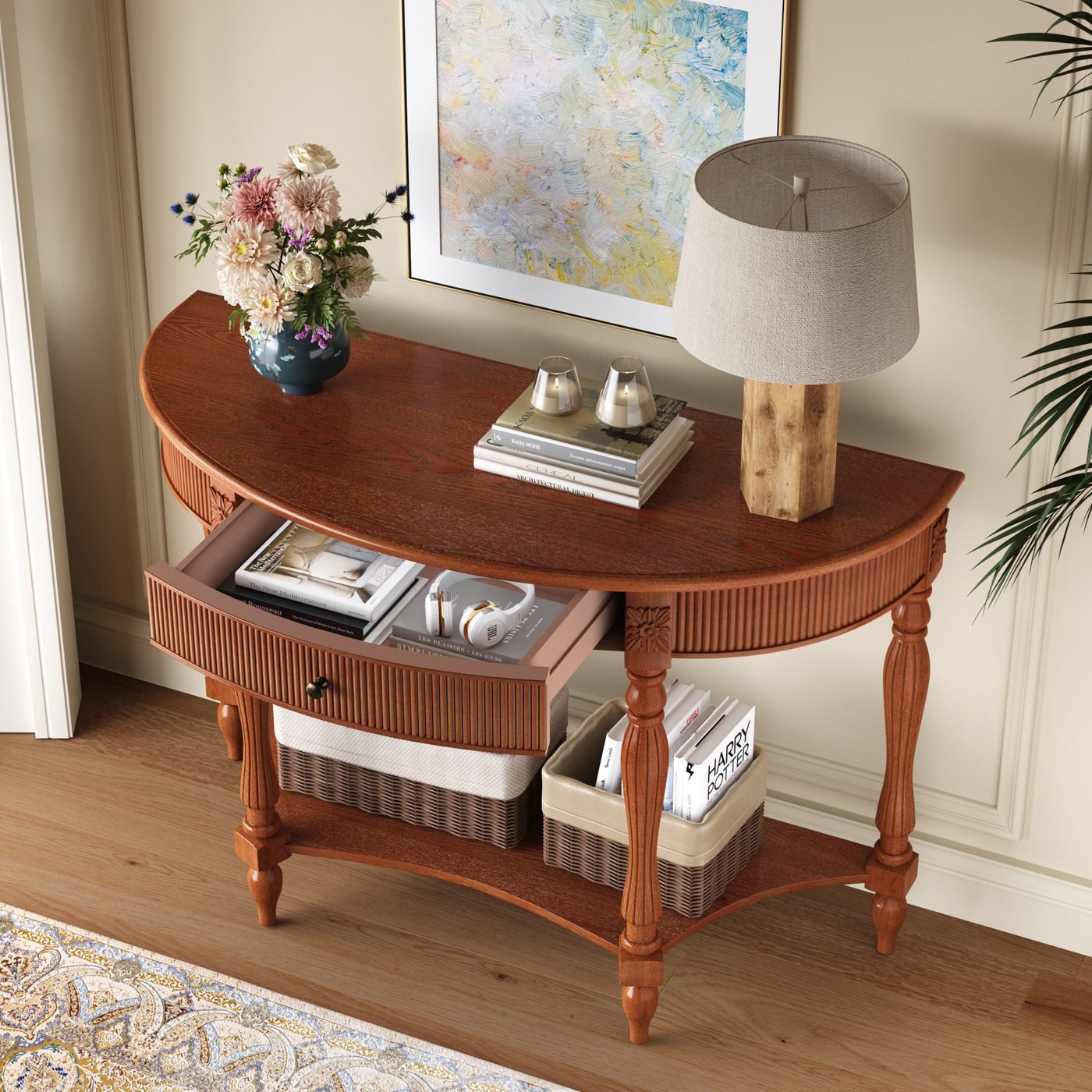 Solid Wood Half Moon Console Table with Drawer & Shelf