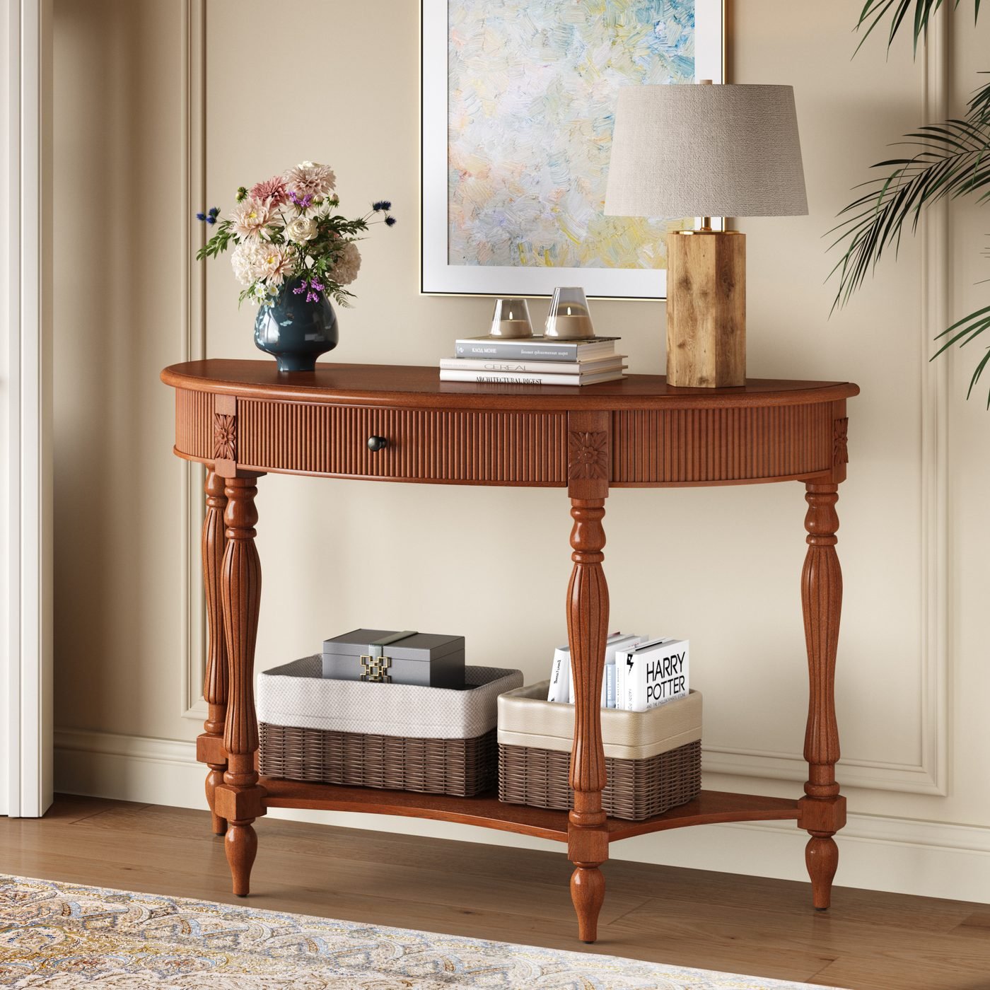 Solid Wood Half Moon Console Table with Drawer & Shelf