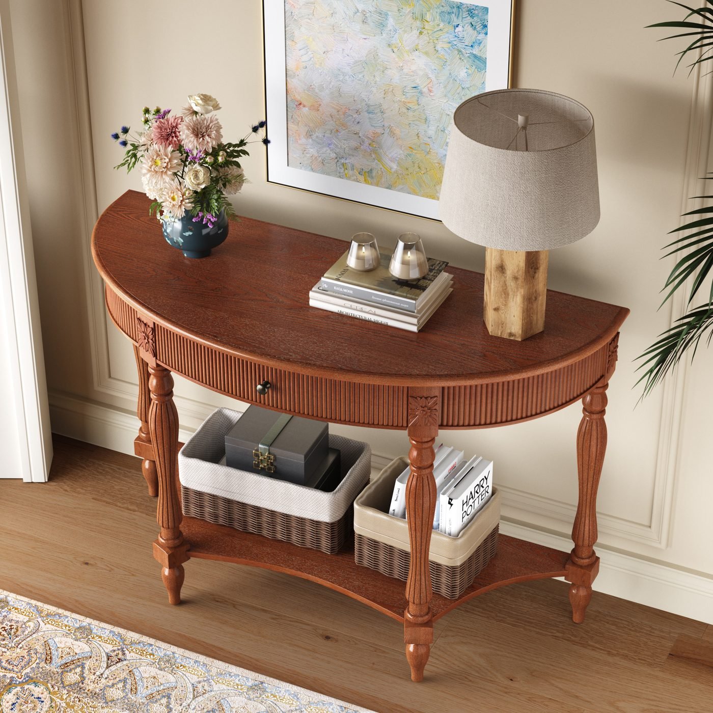 Solid Wood Half Moon Console Table with Drawer & Shelf