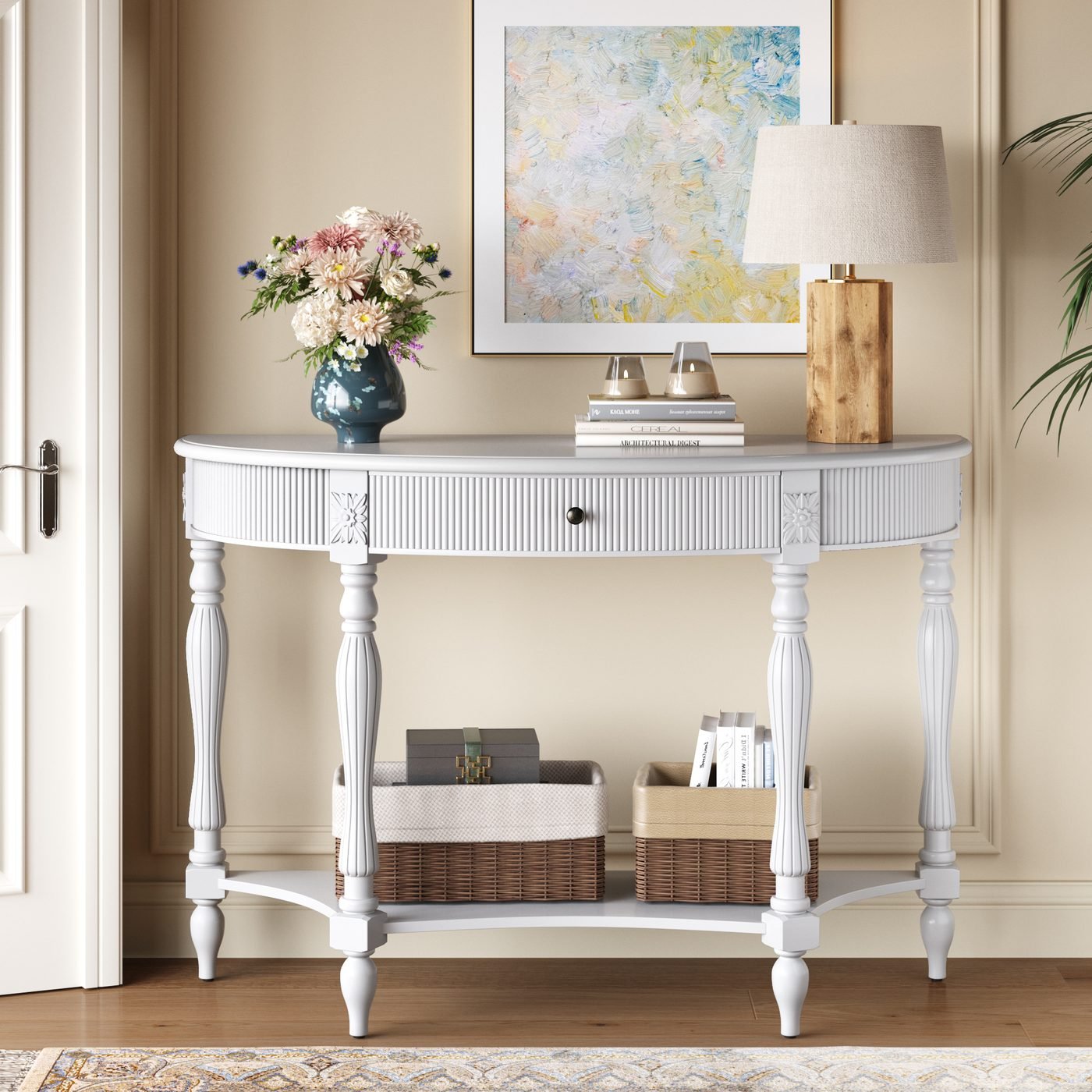 Solid Wood Half Moon Console Table with Drawer & Shelf