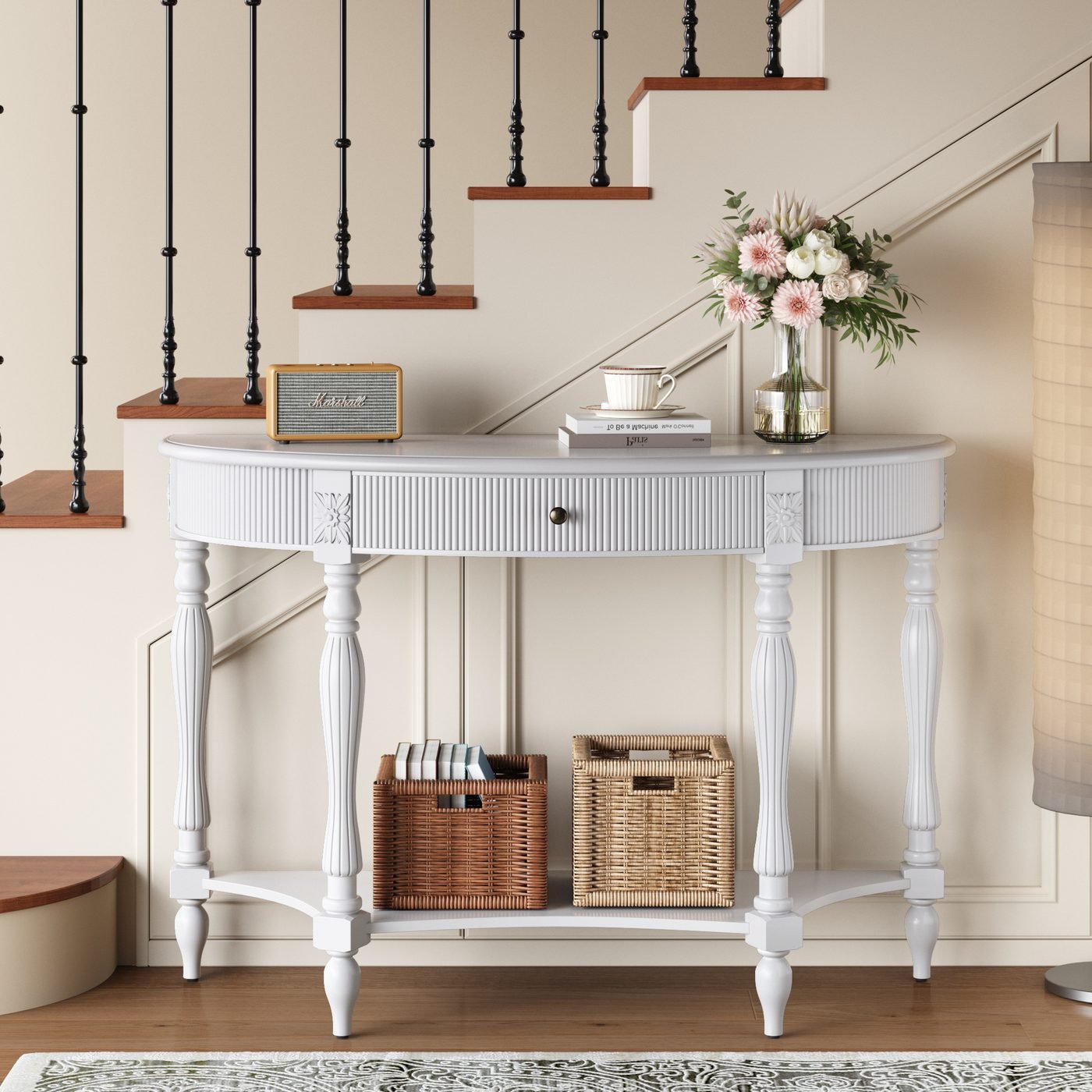 Solid Wood Half Moon Console Table with Drawer & Shelf