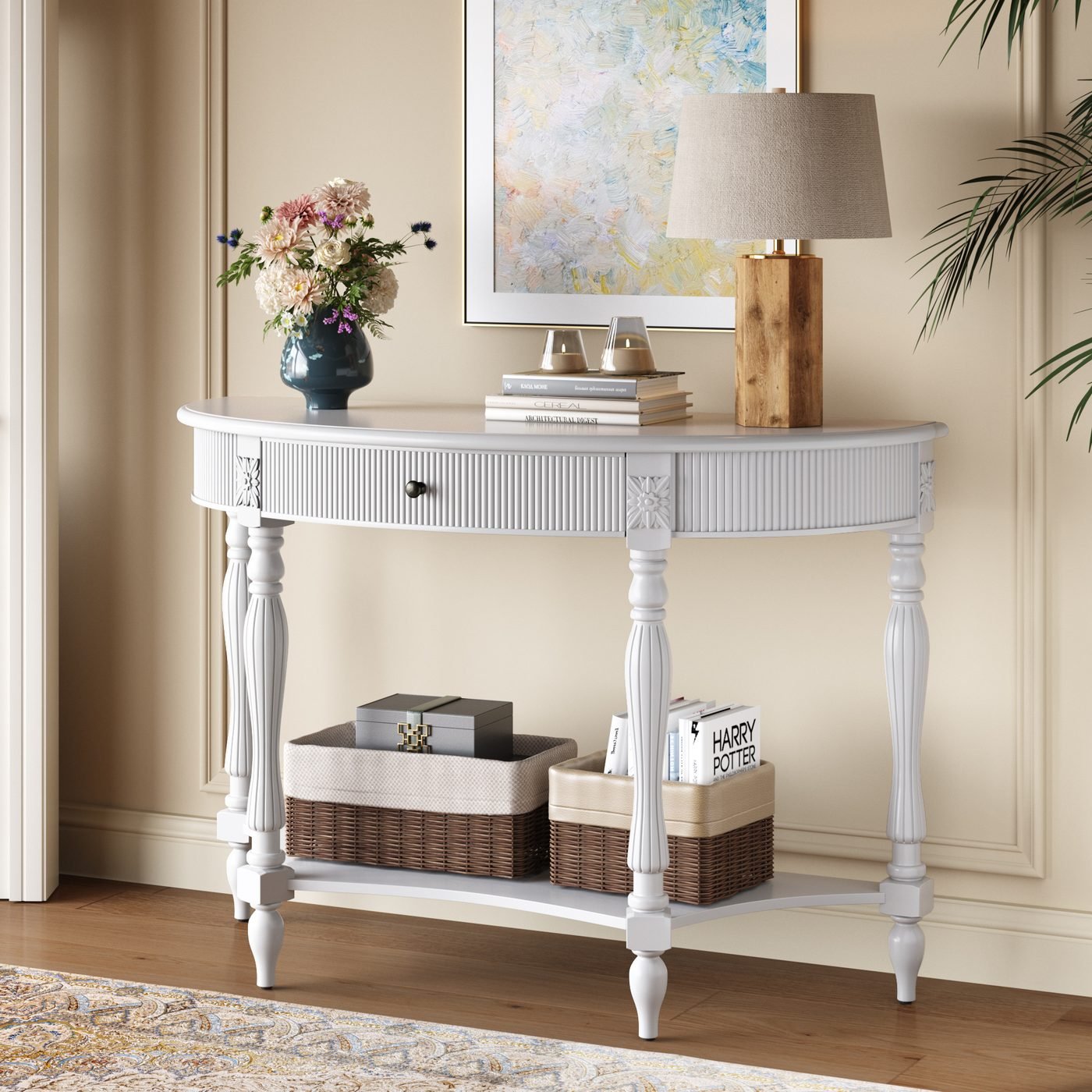 Solid Wood Half Moon Console Table with Drawer & Shelf