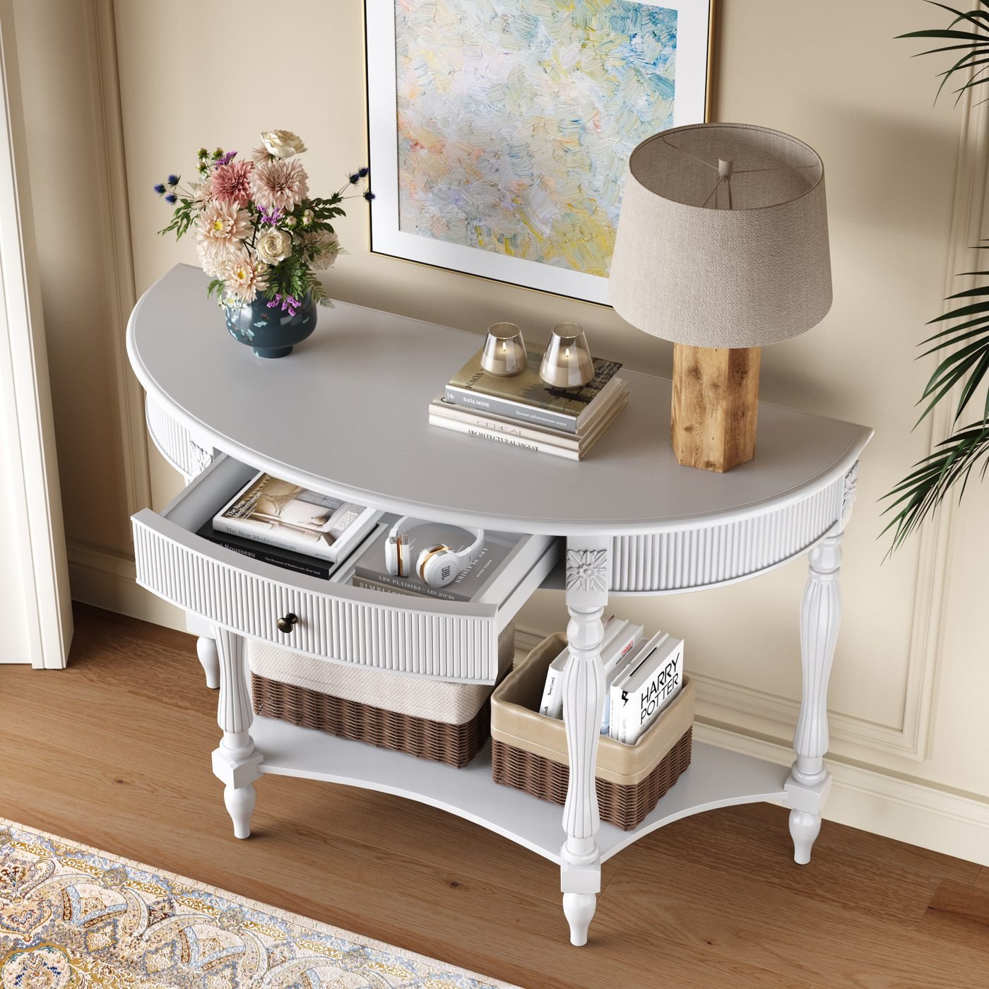 Solid Wood Half Moon Console Table with Drawer & Shelf