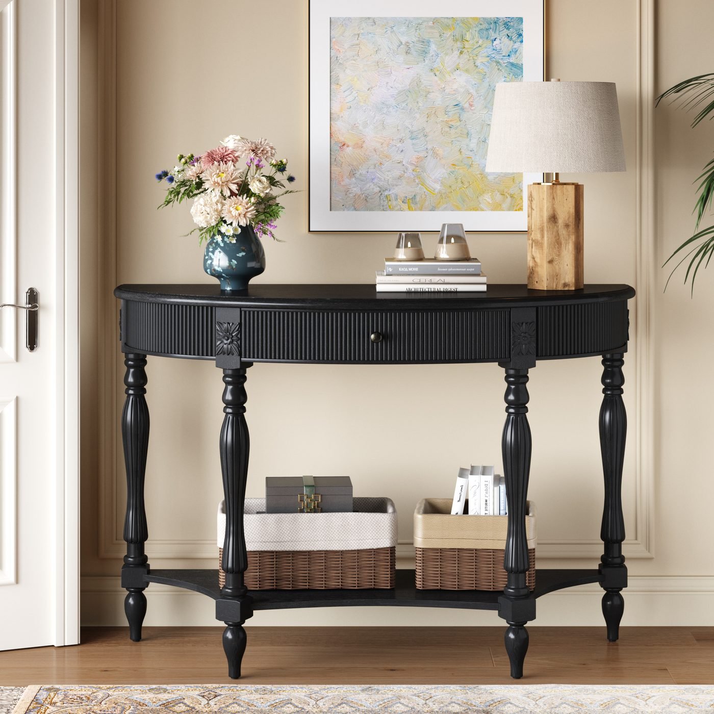 Solid Wood Half Moon Console Table with Drawer & Shelf