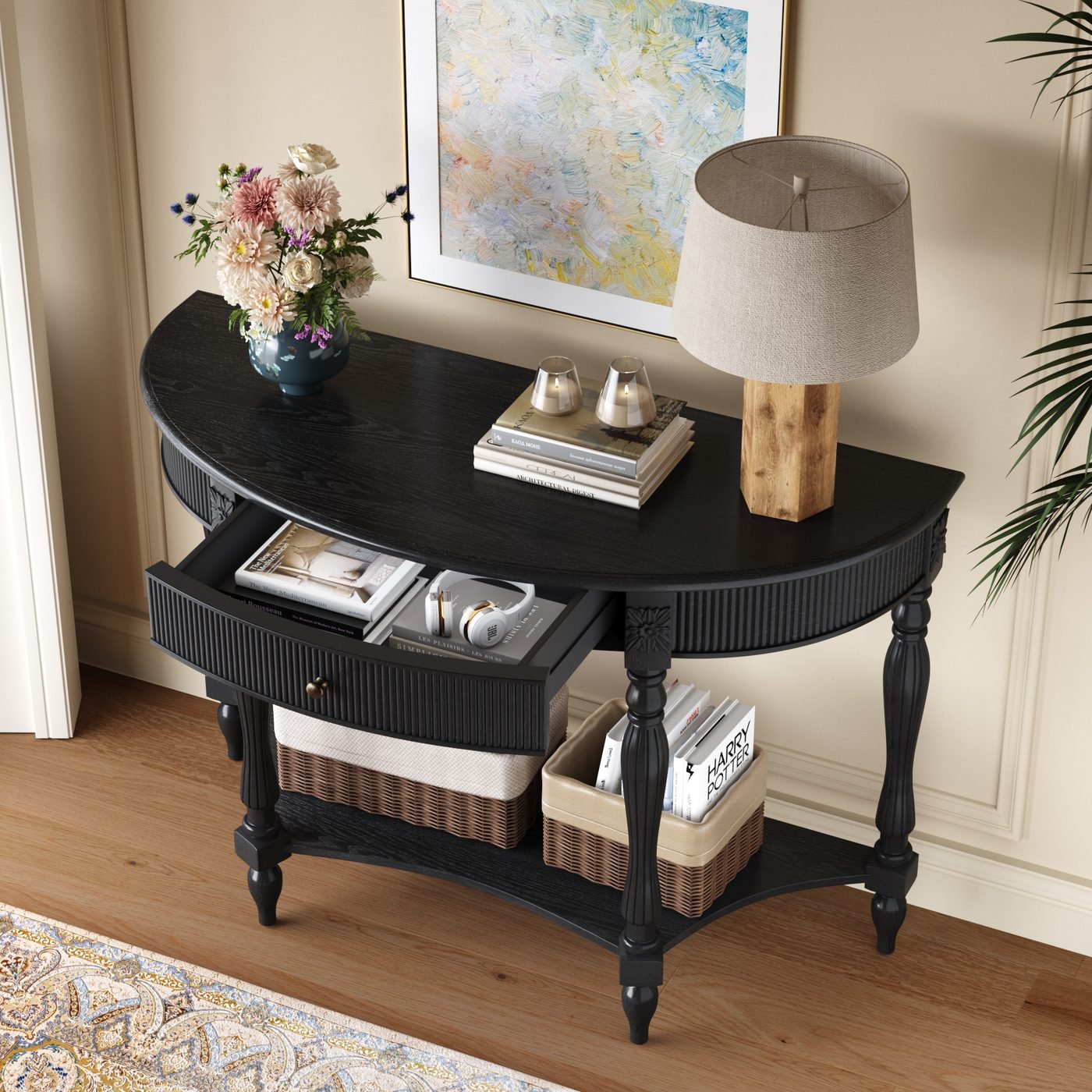 Solid Wood Half Moon Console Table with Drawer & Shelf
