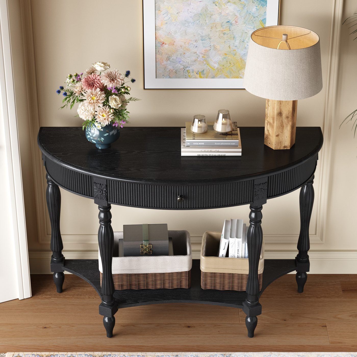 Solid Wood Half Moon Console Table with Drawer & Shelf