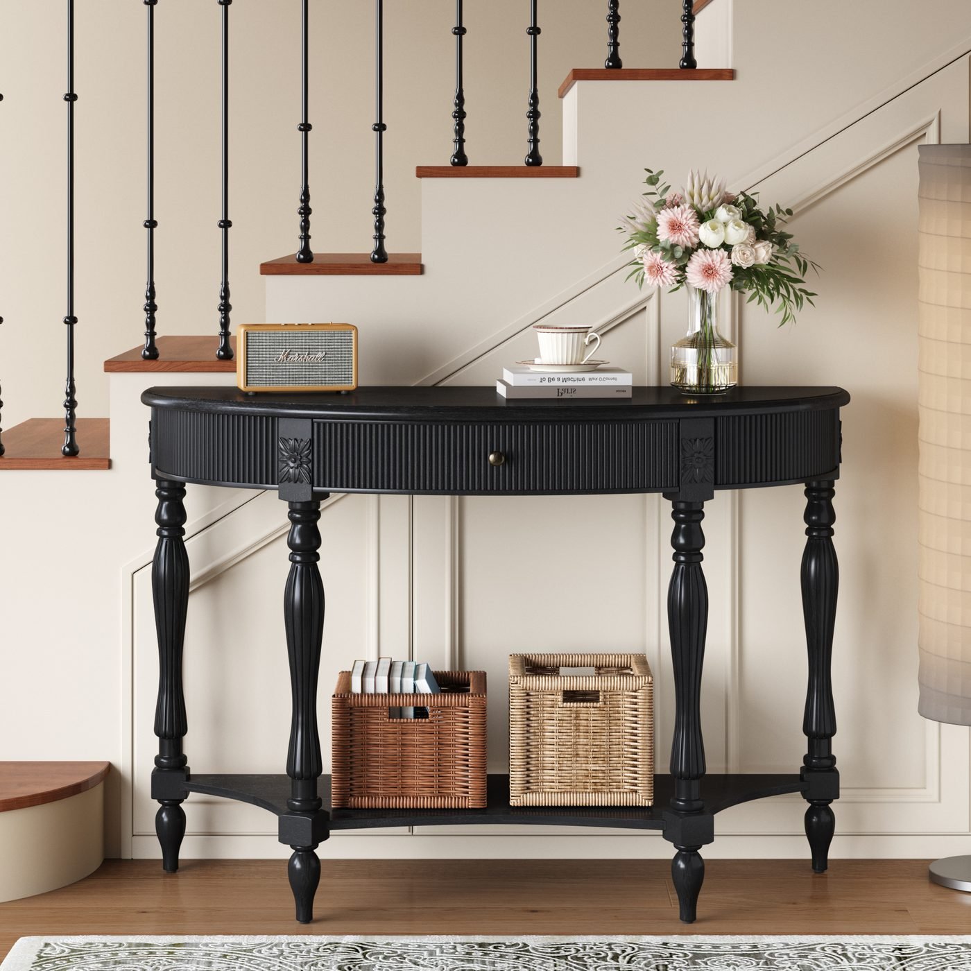 Solid Wood Half Moon Console Table with Drawer & Shelf