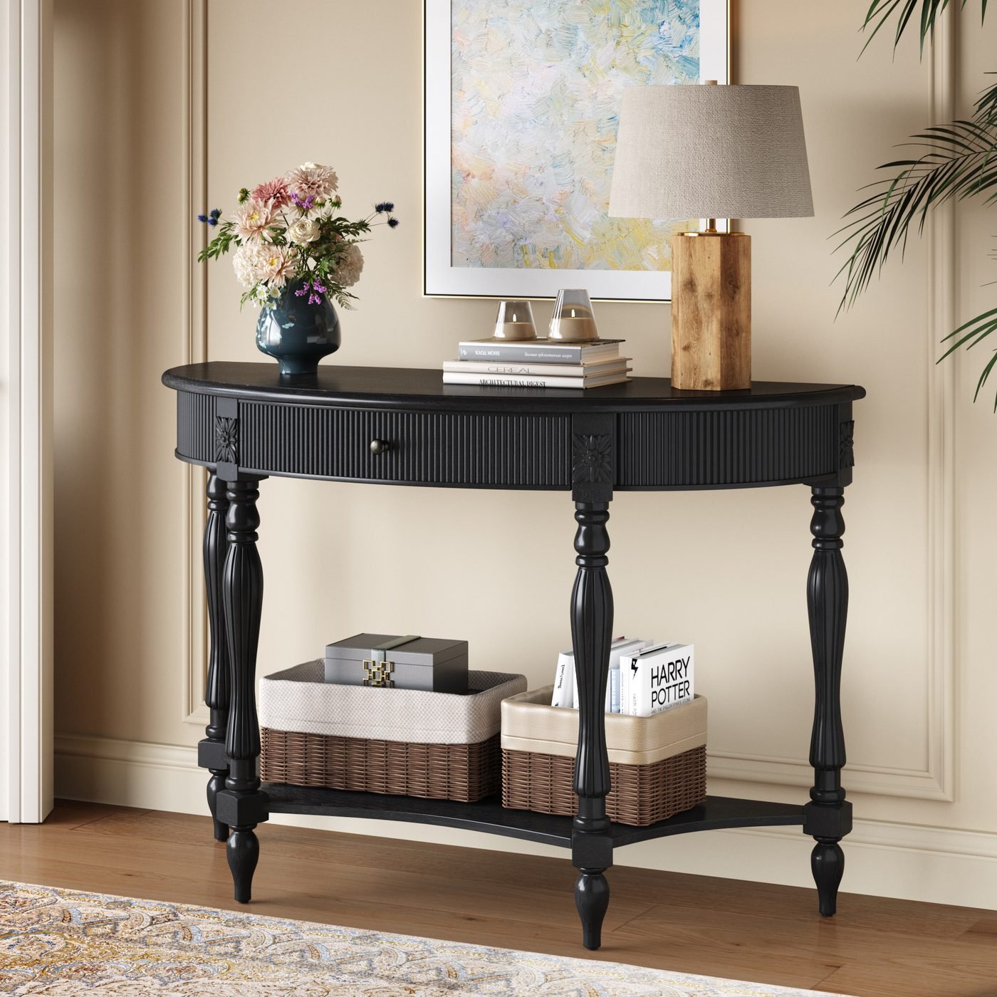 Solid Wood Half Moon Console Table with Drawer & Shelf