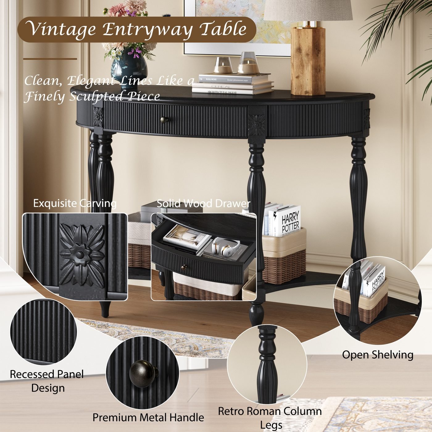 Solid Wood Half Moon Console Table with Drawer & Shelf