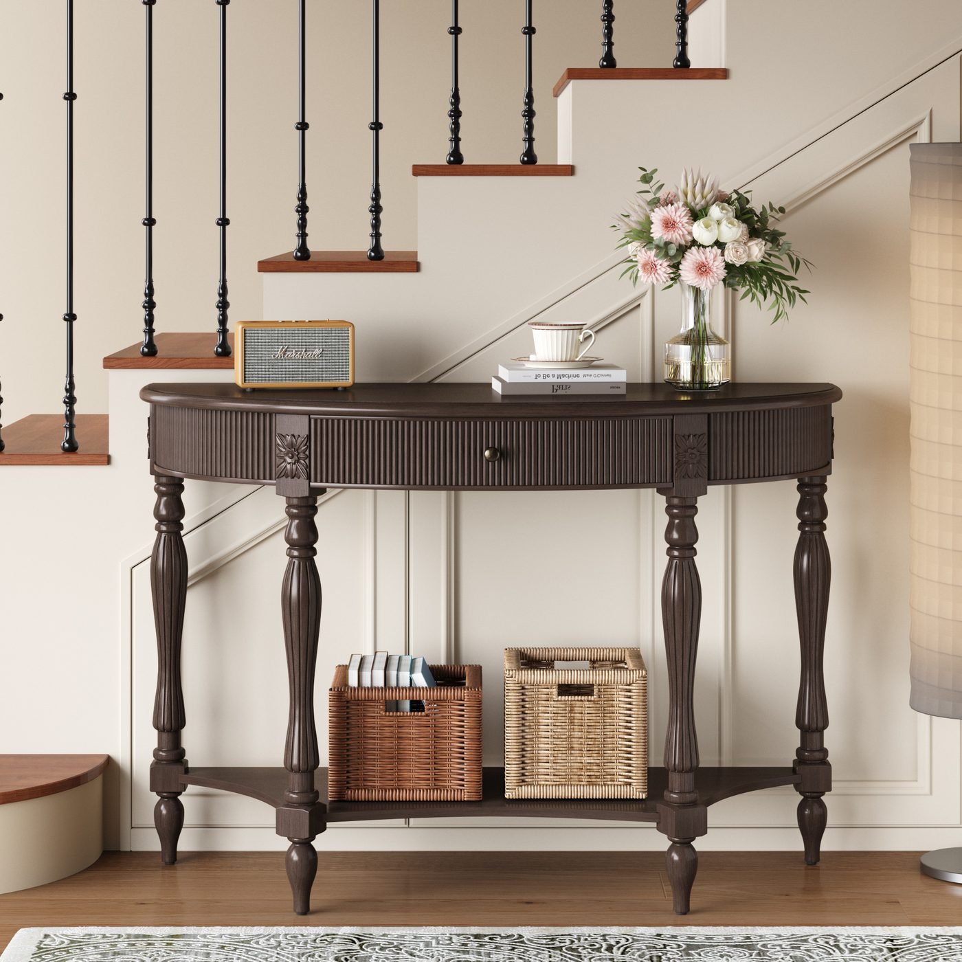 Solid Wood Half Moon Console Table with Drawer & Shelf