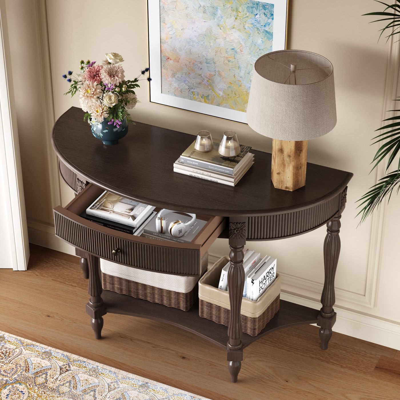 Solid Wood Half Moon Console Table with Drawer & Shelf