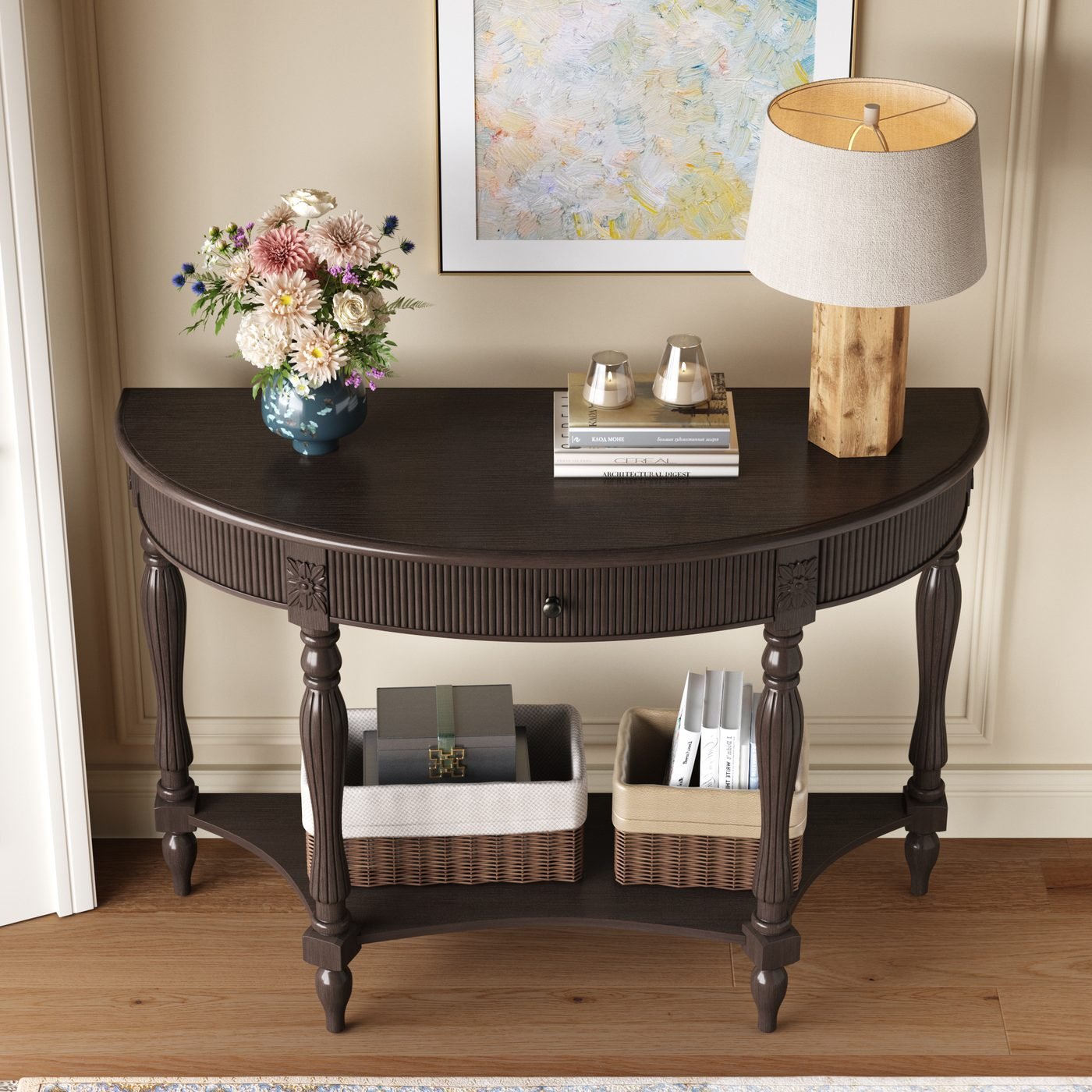 Solid Wood Half Moon Console Table with Drawer & Shelf