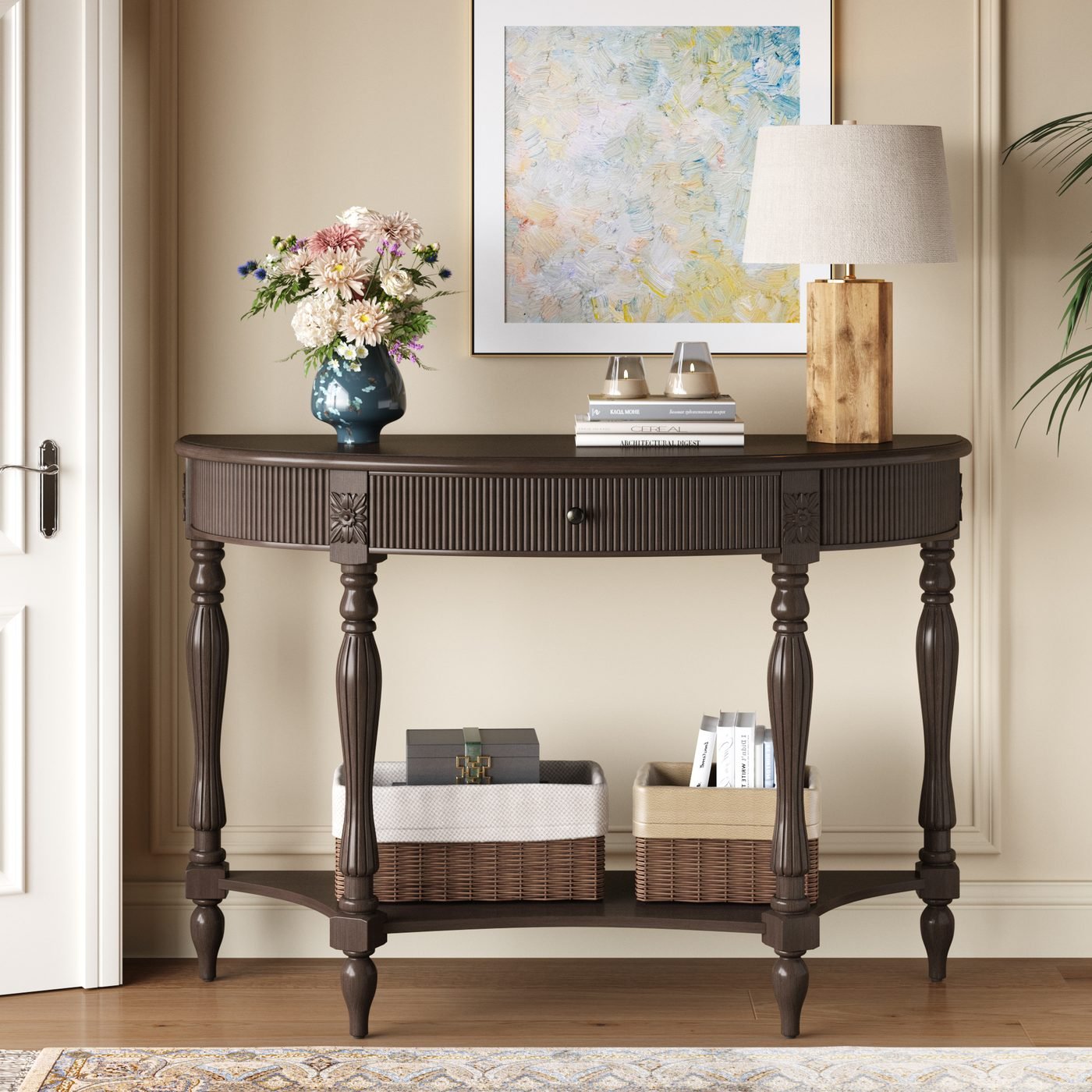 Solid Wood Half Moon Console Table with Drawer & Shelf