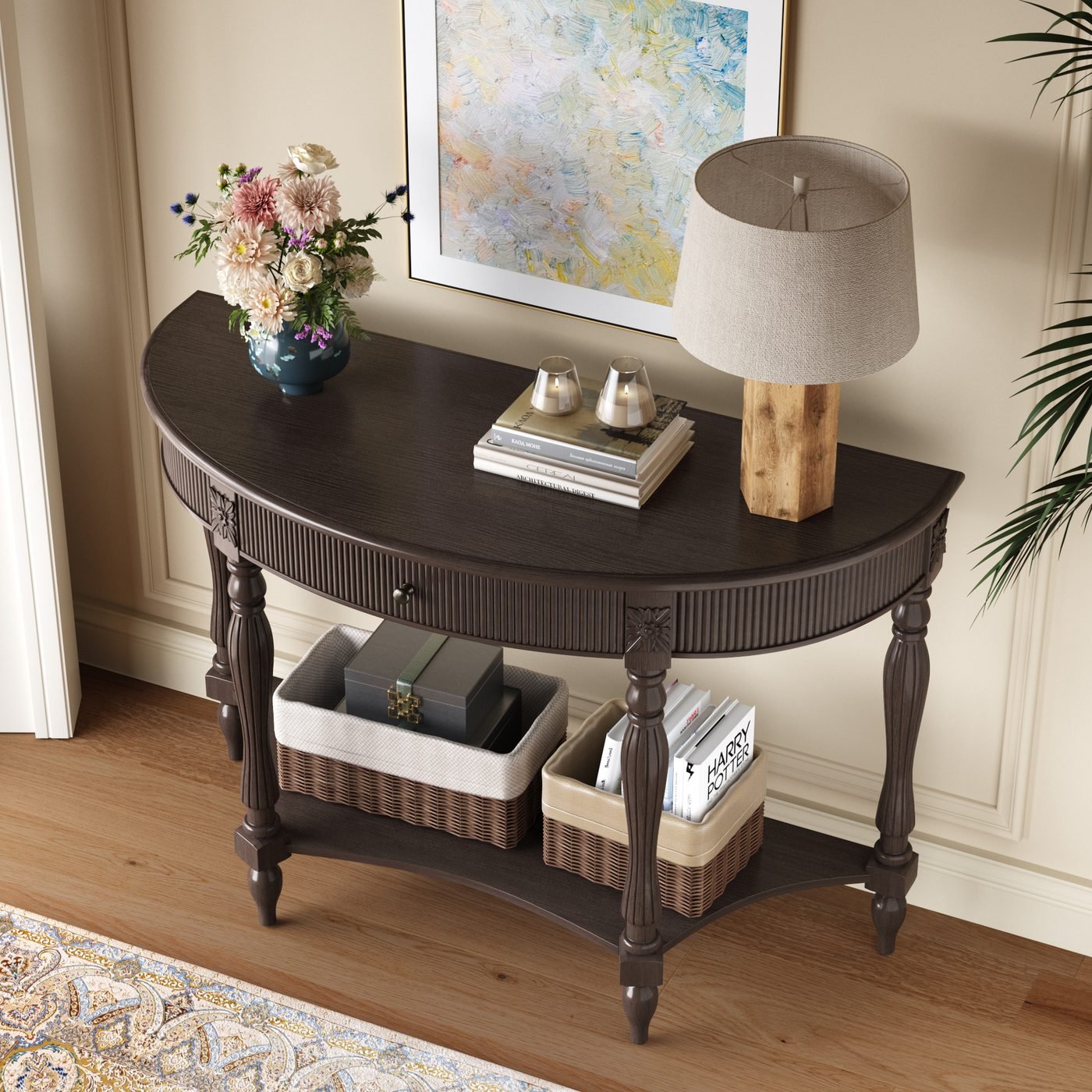 Solid Wood Half Moon Console Table with Drawer & Shelf