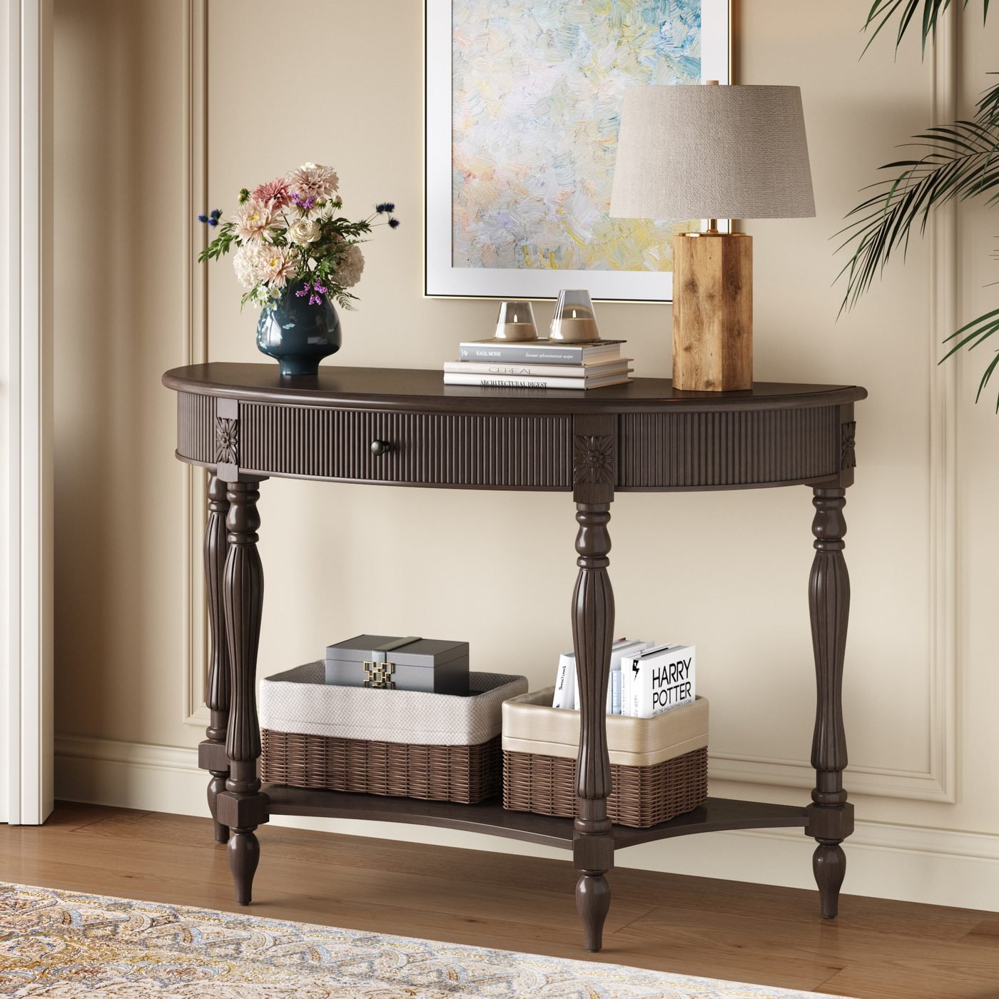 Solid Wood Half Moon Console Table with Drawer & Shelf
