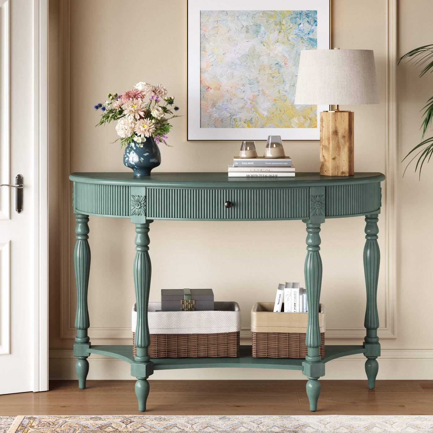 Solid Wood Half Moon Console Table with Drawer & Shelf