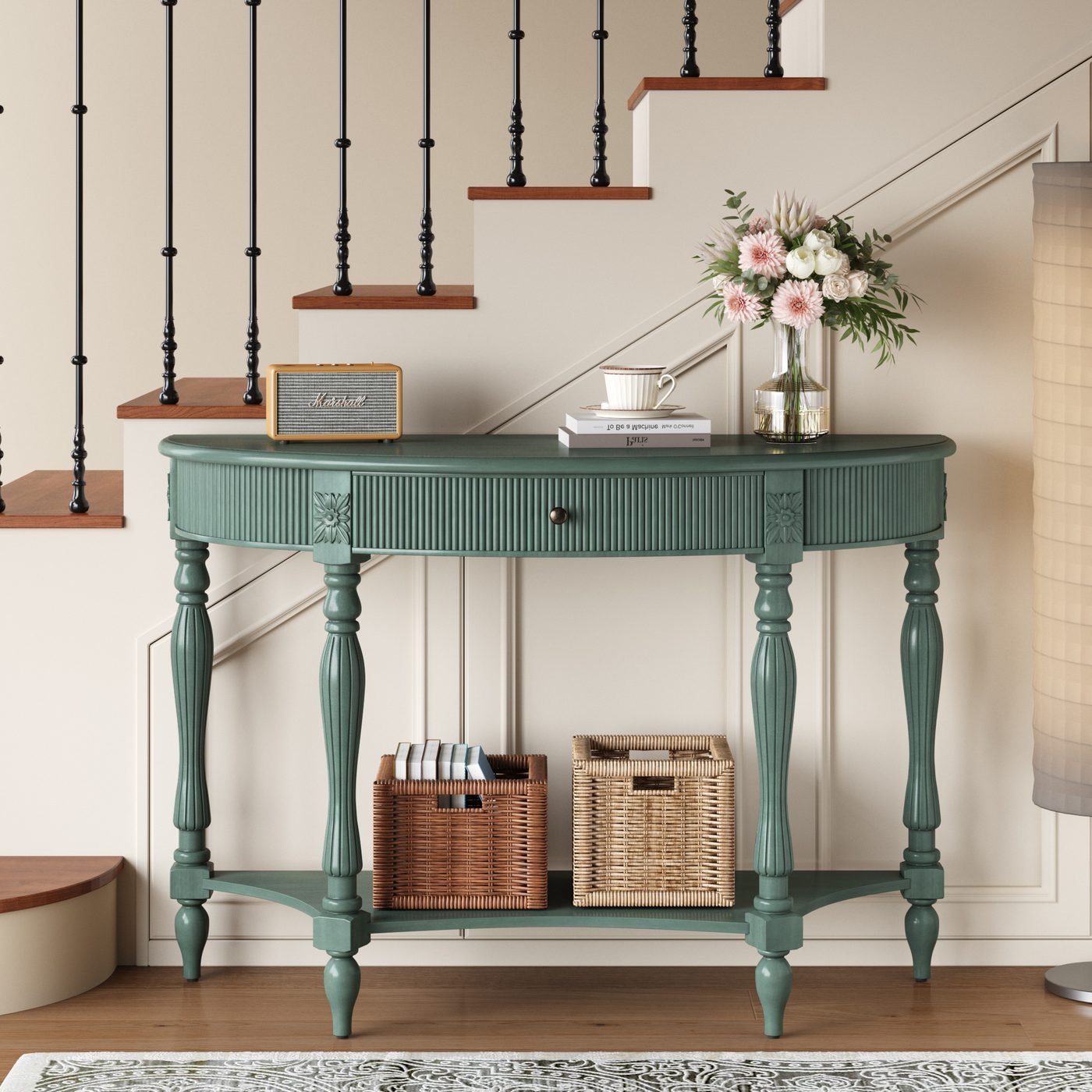 Solid Wood Half Moon Console Table with Drawer & Shelf