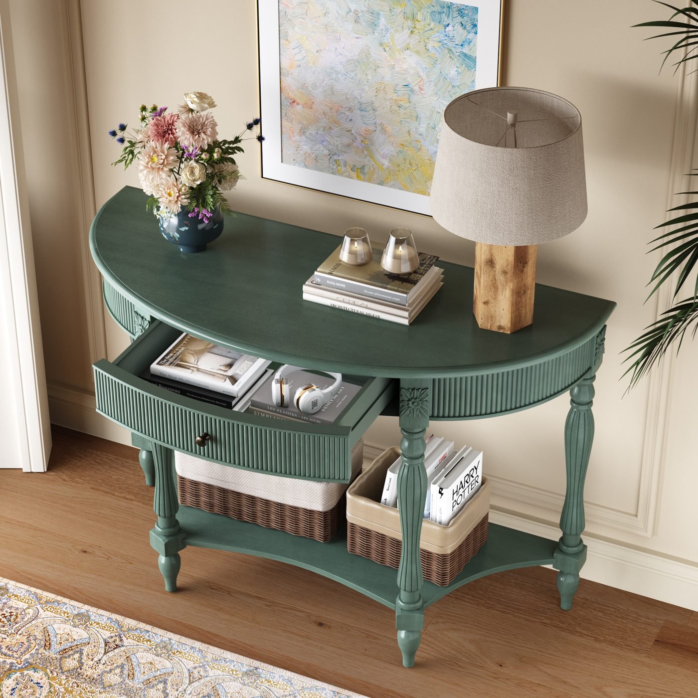 Solid Wood Half Moon Console Table with Drawer & Shelf