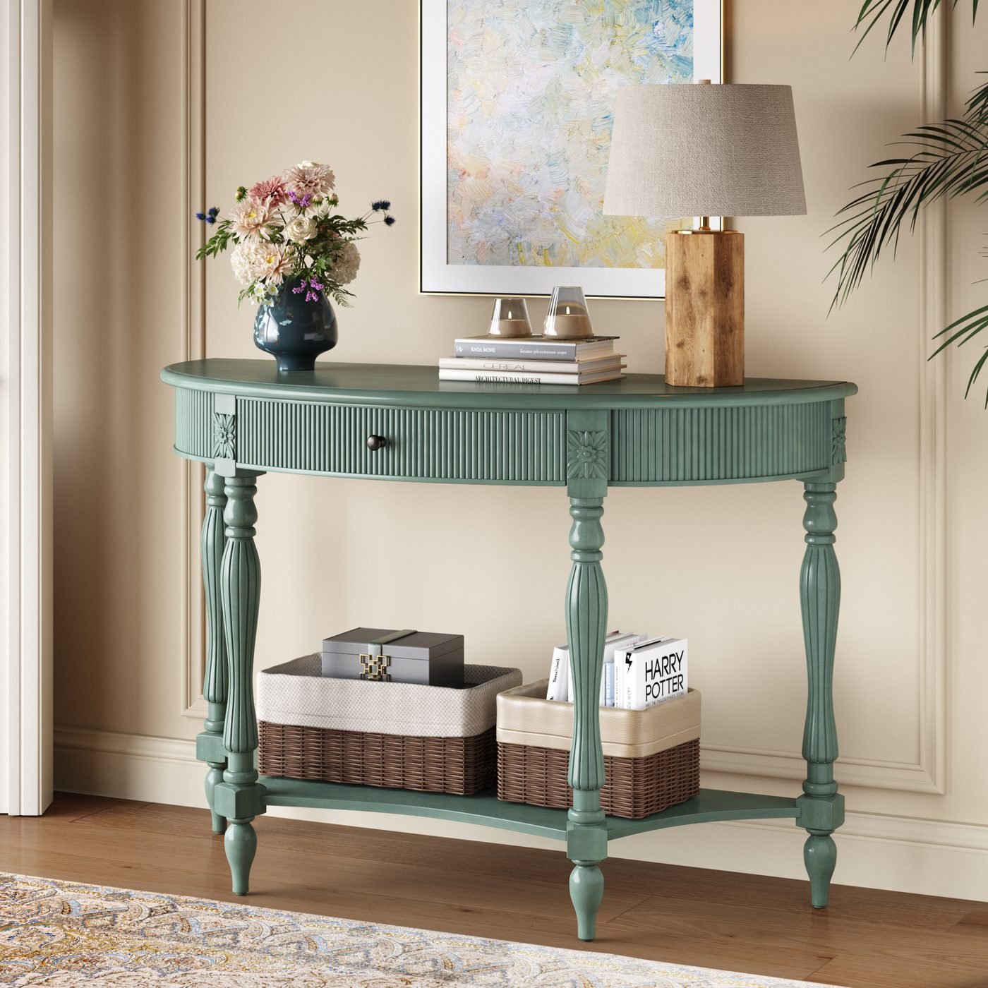 Solid Wood Half Moon Console Table with Drawer & Shelf