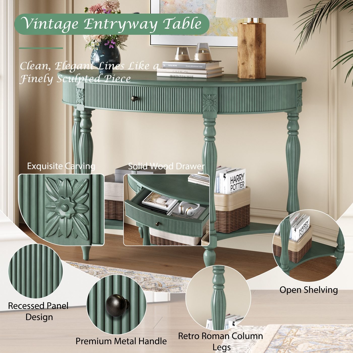 Solid Wood Half Moon Console Table with Drawer & Shelf