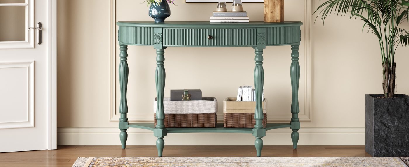 Solid Wood Half Moon Console Table with Drawer & Shelf