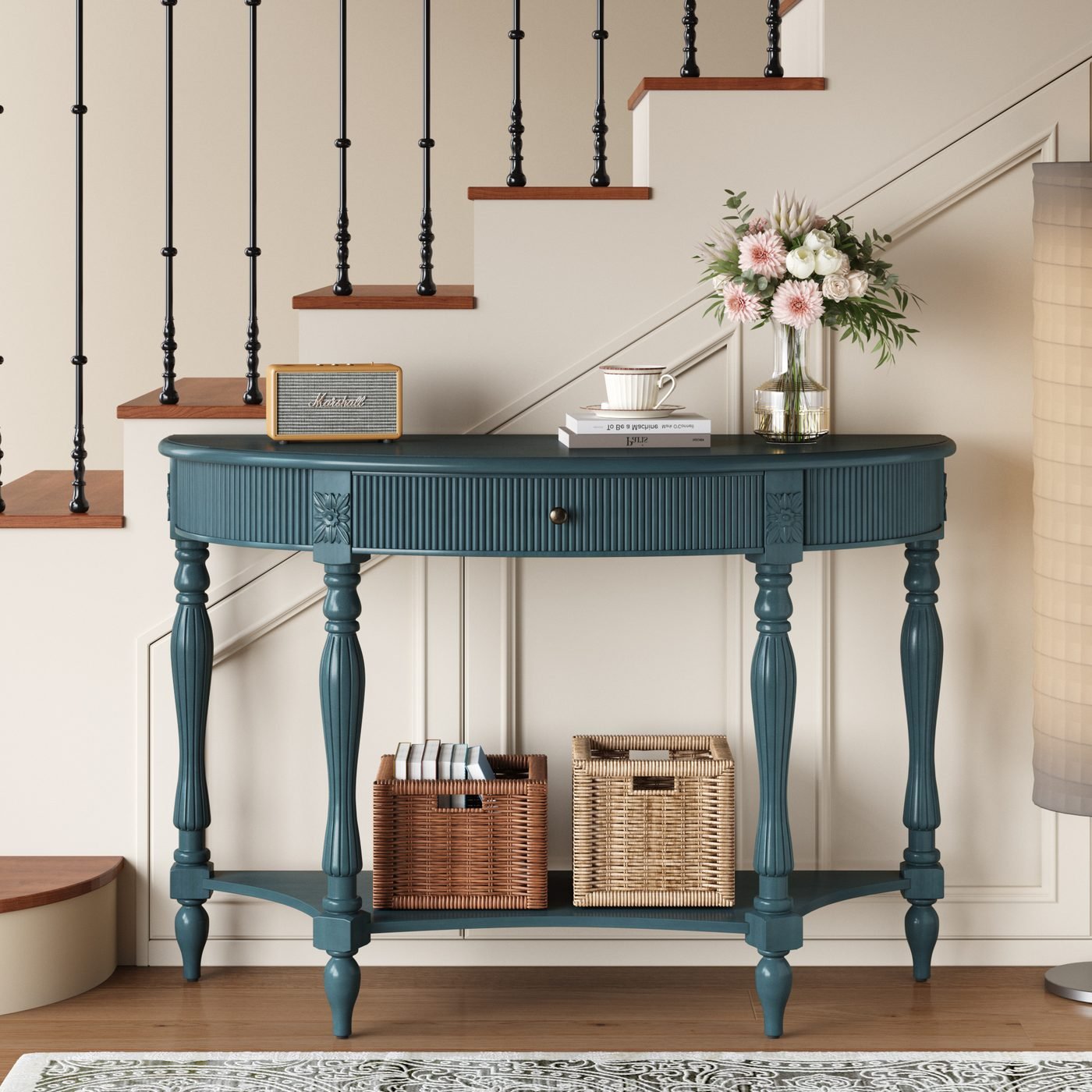 Solid Wood Half Moon Console Table with Drawer & Shelf