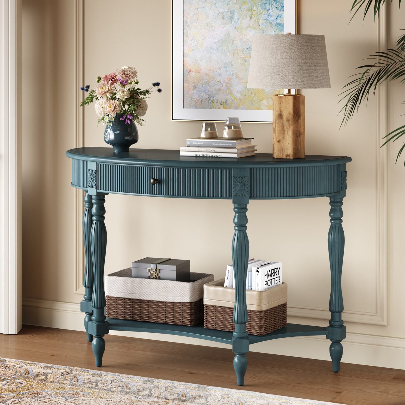 Solid Wood Half Moon Console Table with Drawer & Shelf