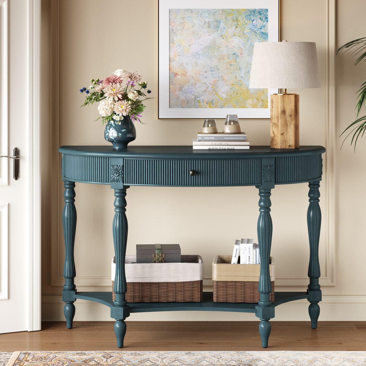 Solid Wood Half Moon Console Table with Drawer & Shelf