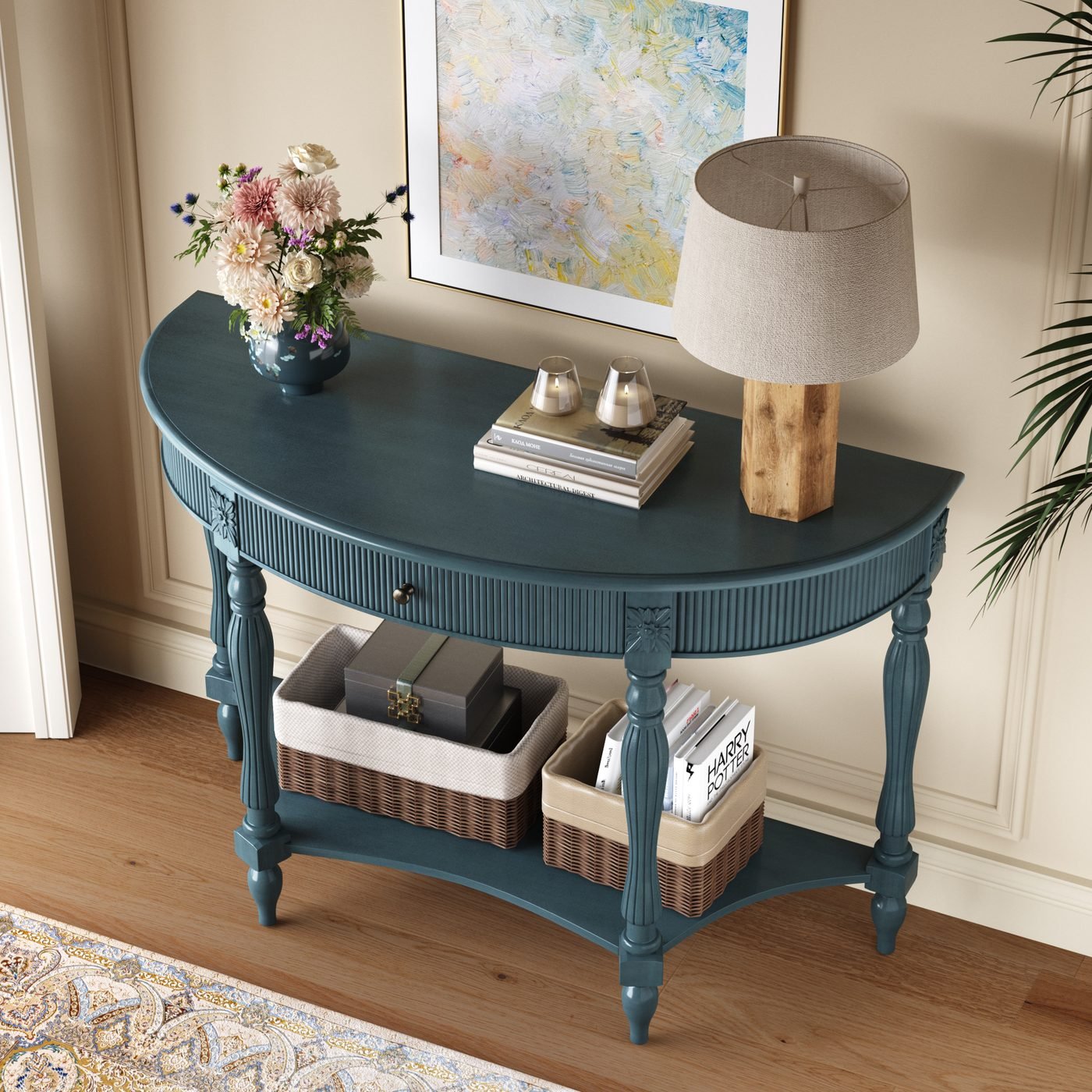 Solid Wood Half Moon Console Table with Drawer & Shelf