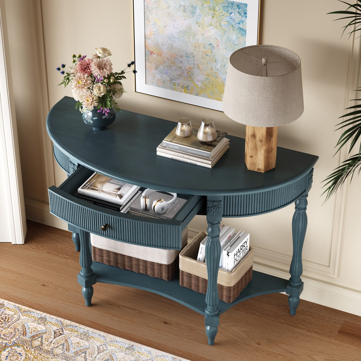 Solid Wood Half Moon Console Table with Drawer & Shelf