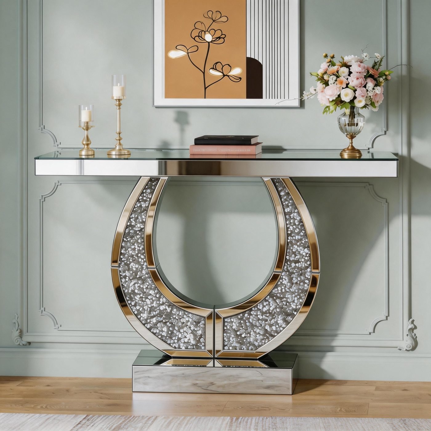 Mirrored Console Table with Crushed Diamond Inlaid in