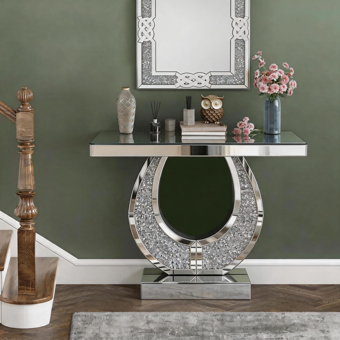 Mirrored Console Table with Crushed Diamond Inlaid in