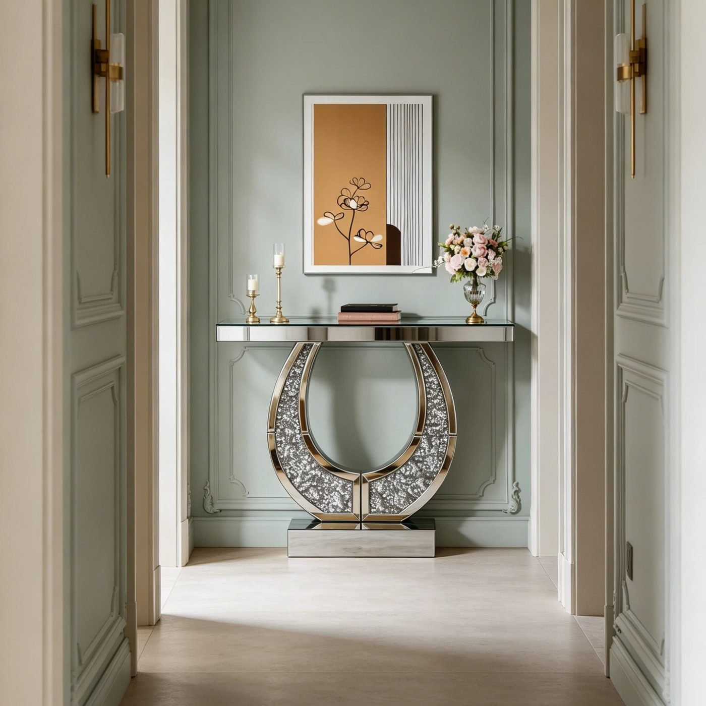 Mirrored Console Table with Crushed Diamond Inlaid in